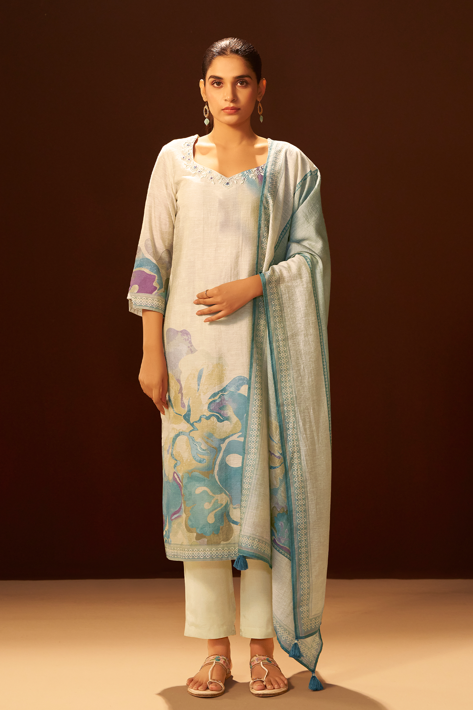 Powder Blue Mist Digital Printed Linen Kurta Set