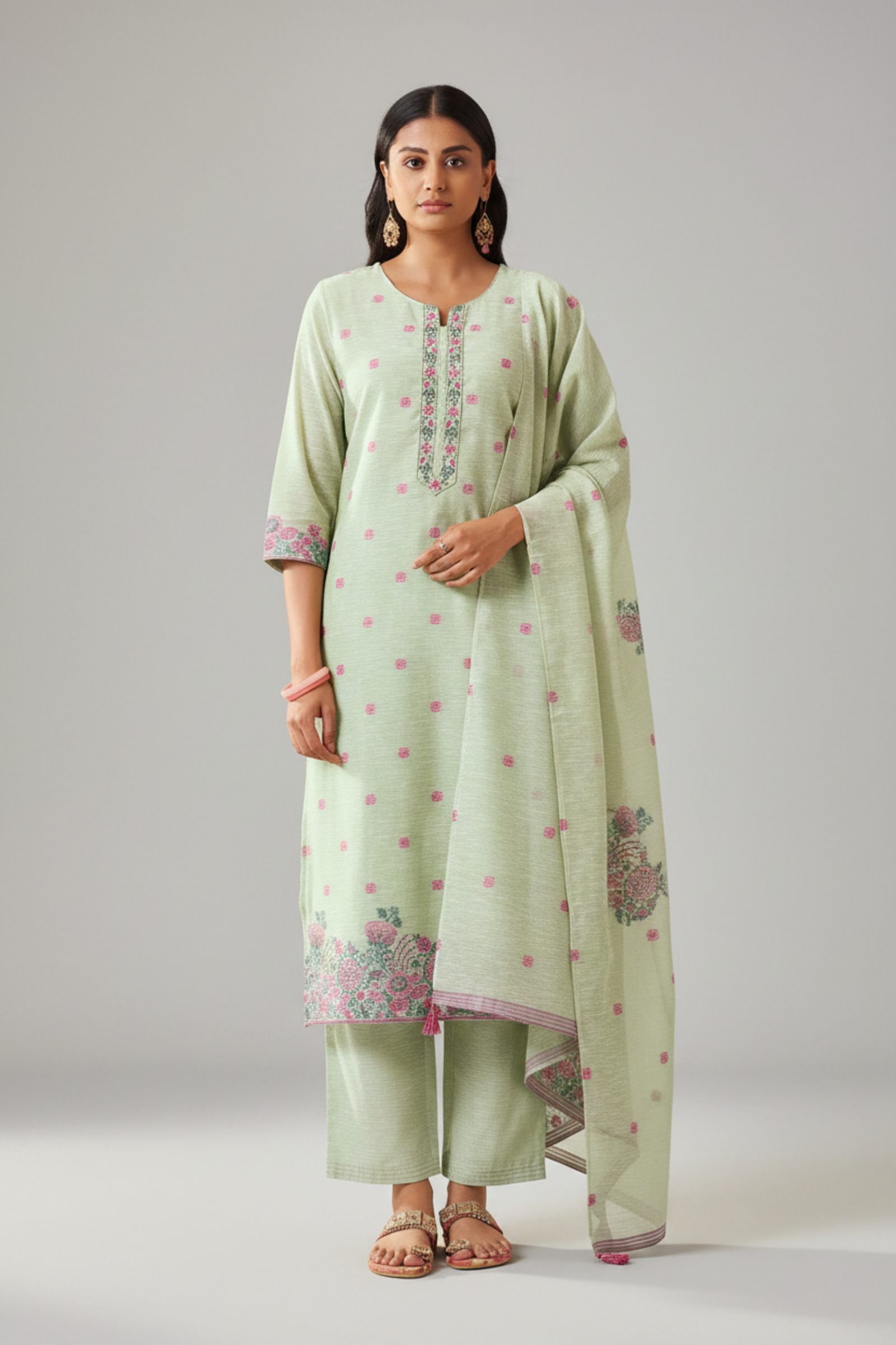 Blooming Pistachio Linen Chanderi Jacquard Kurta Set