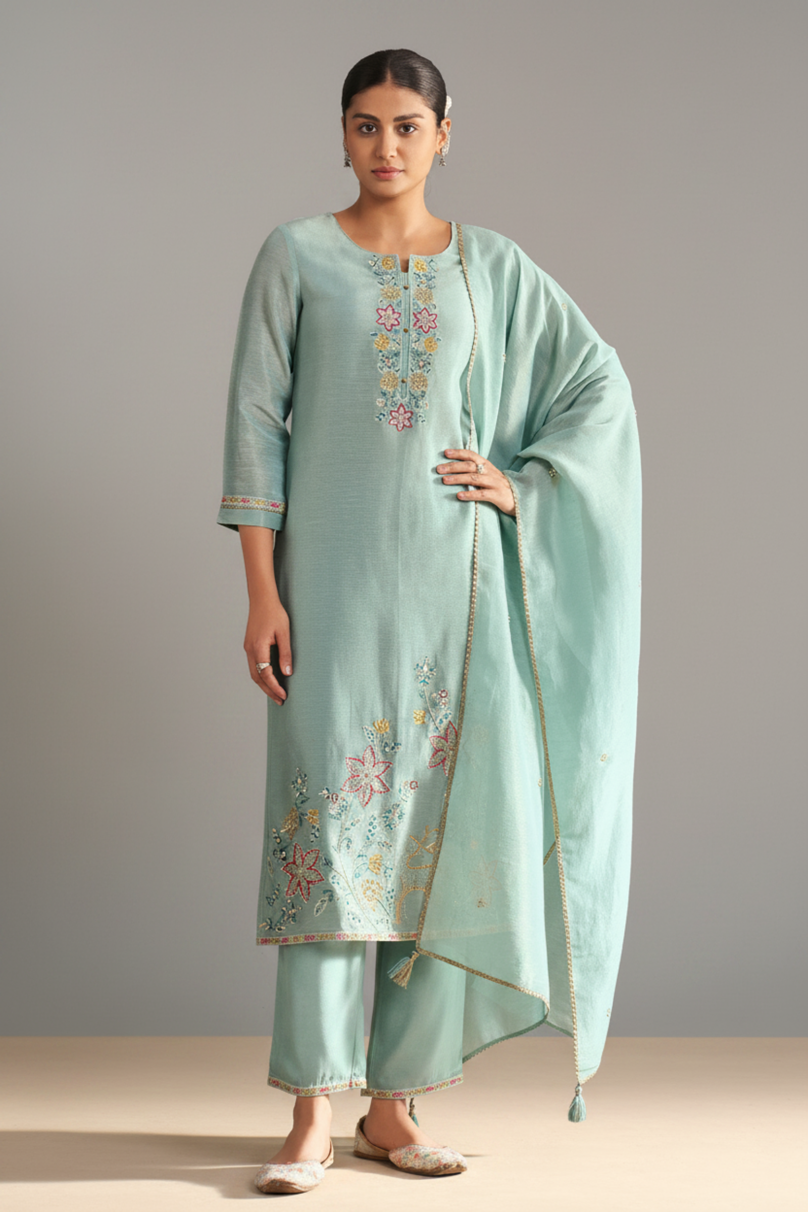 Seafoam Blue Shimmer Linen Embroidered Kurta Set