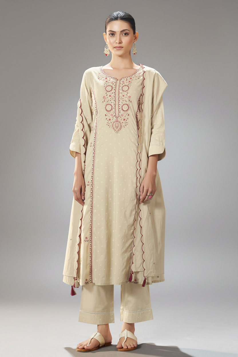 Cream Taupe Table Print Embroidered Kurta Set