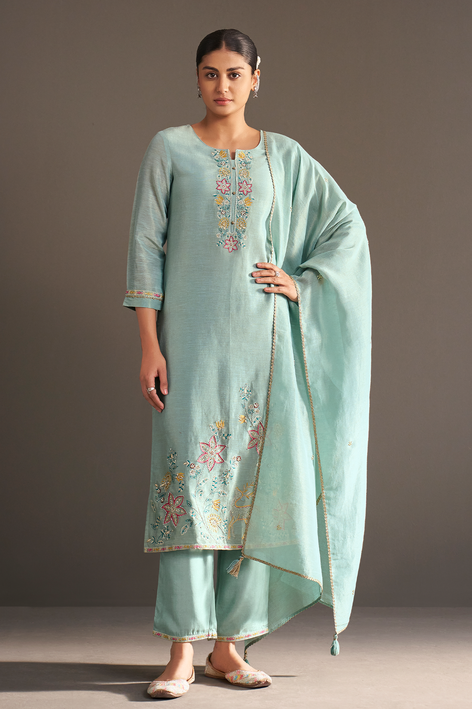 Seafoam Blue Shimmer Linen Embroidered Kurta Set