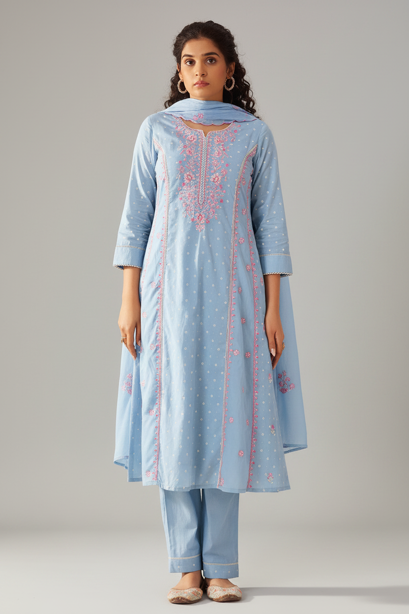 Pastel Sky Table Print Embroidered Kurta Set