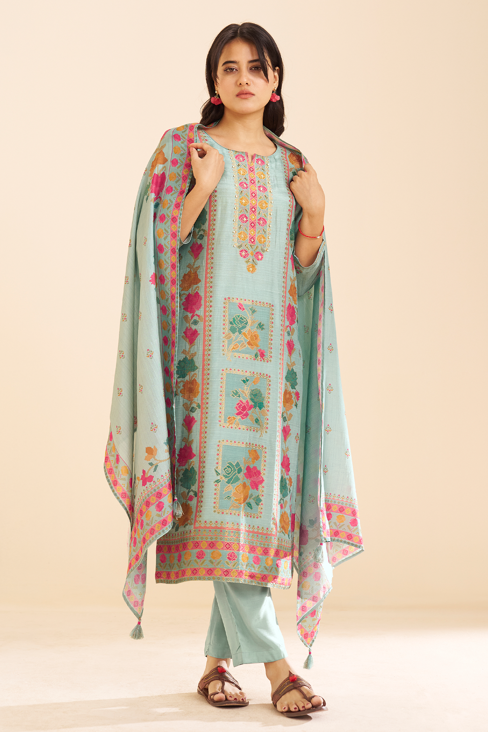 Aqua Teal Printed Viscose Jacquard Kurta Set