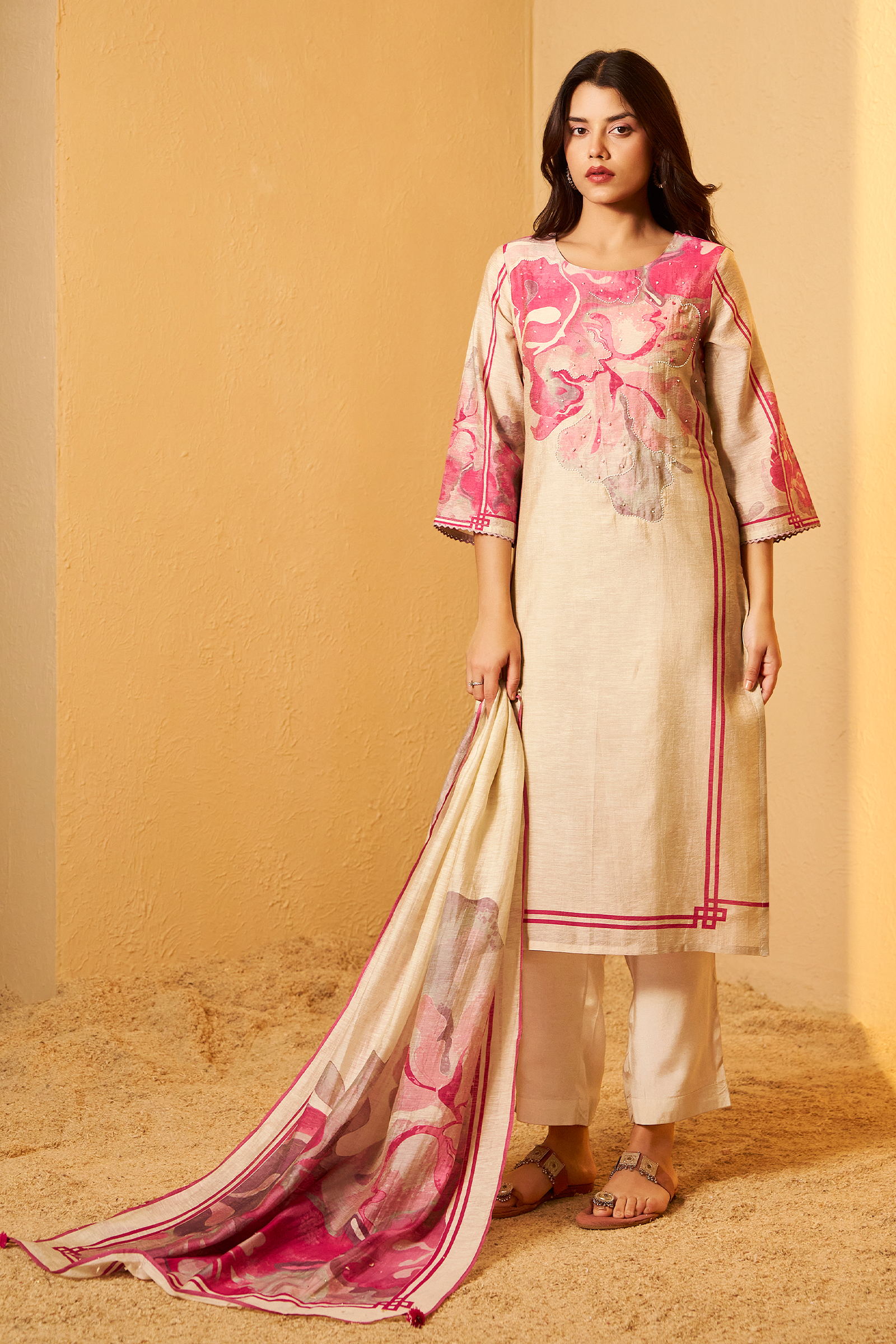 Beige Bloom Shimmer Linen Digital Print Kurta Set