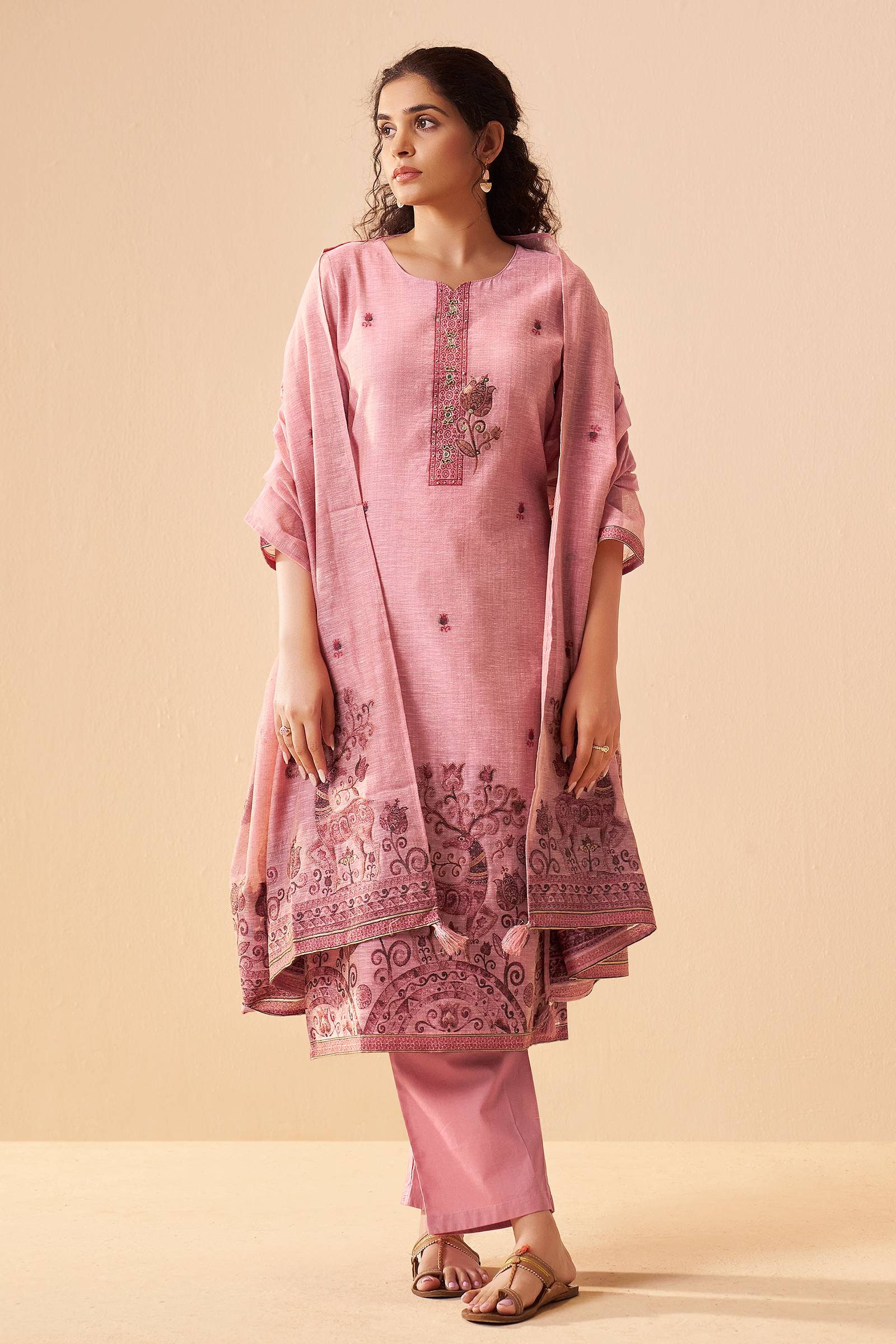 Plum Blush Linen Chanderi Jacquard Kurta Set
