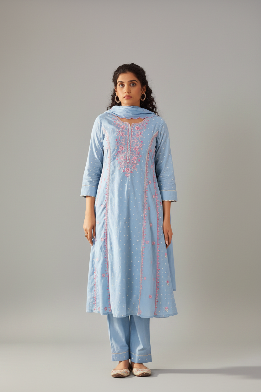 Pastel Sky Table Print Embroidered Kurta Set