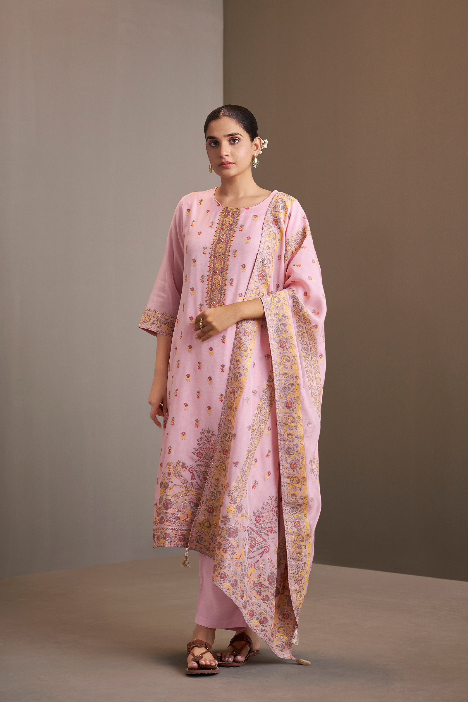 Rose Quartz Pink Chanderi Multi-Meena Work Jacquard Kurta Set