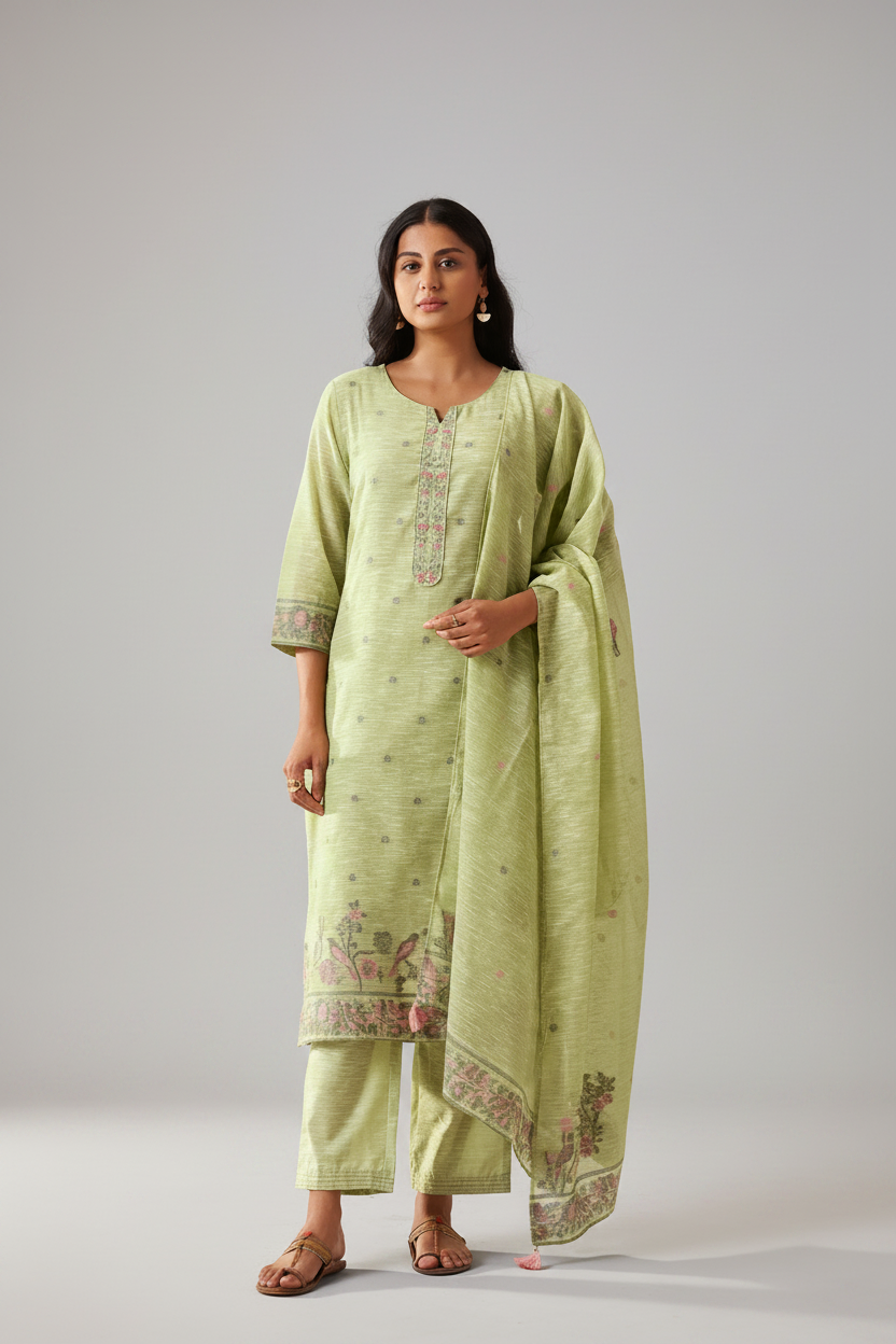 Sage Garden Linen Chanderi Jacquard Kurta Set