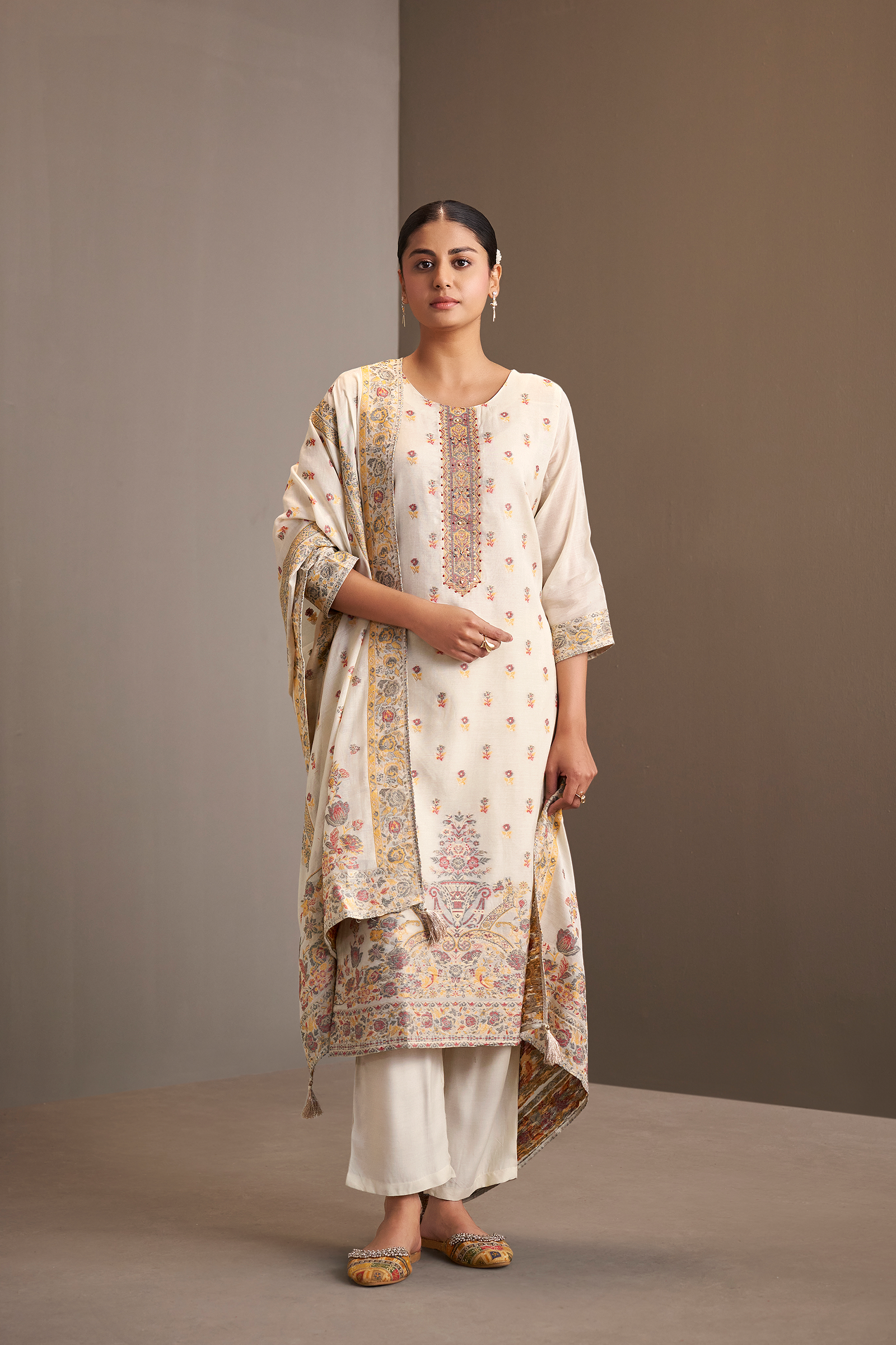 Cream Gold Chanderi Multi-Meena Jacquard Kurta Set