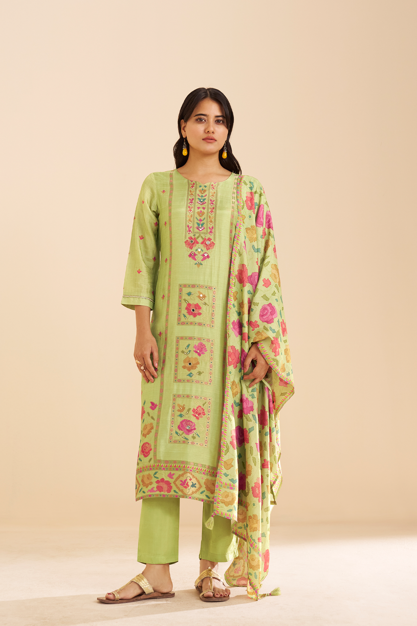 Pistachio Bloom Printed Viscose Jacquard Kurta Set