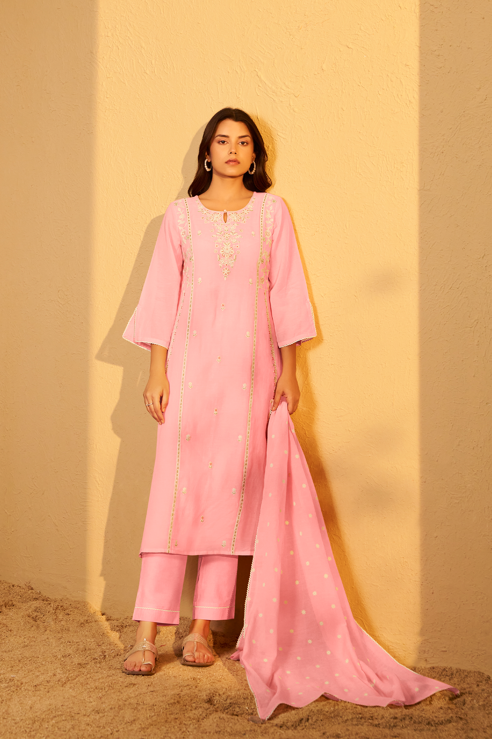 Ballet Rose Mul Chanderi A-Line Embroidery Kurta Set