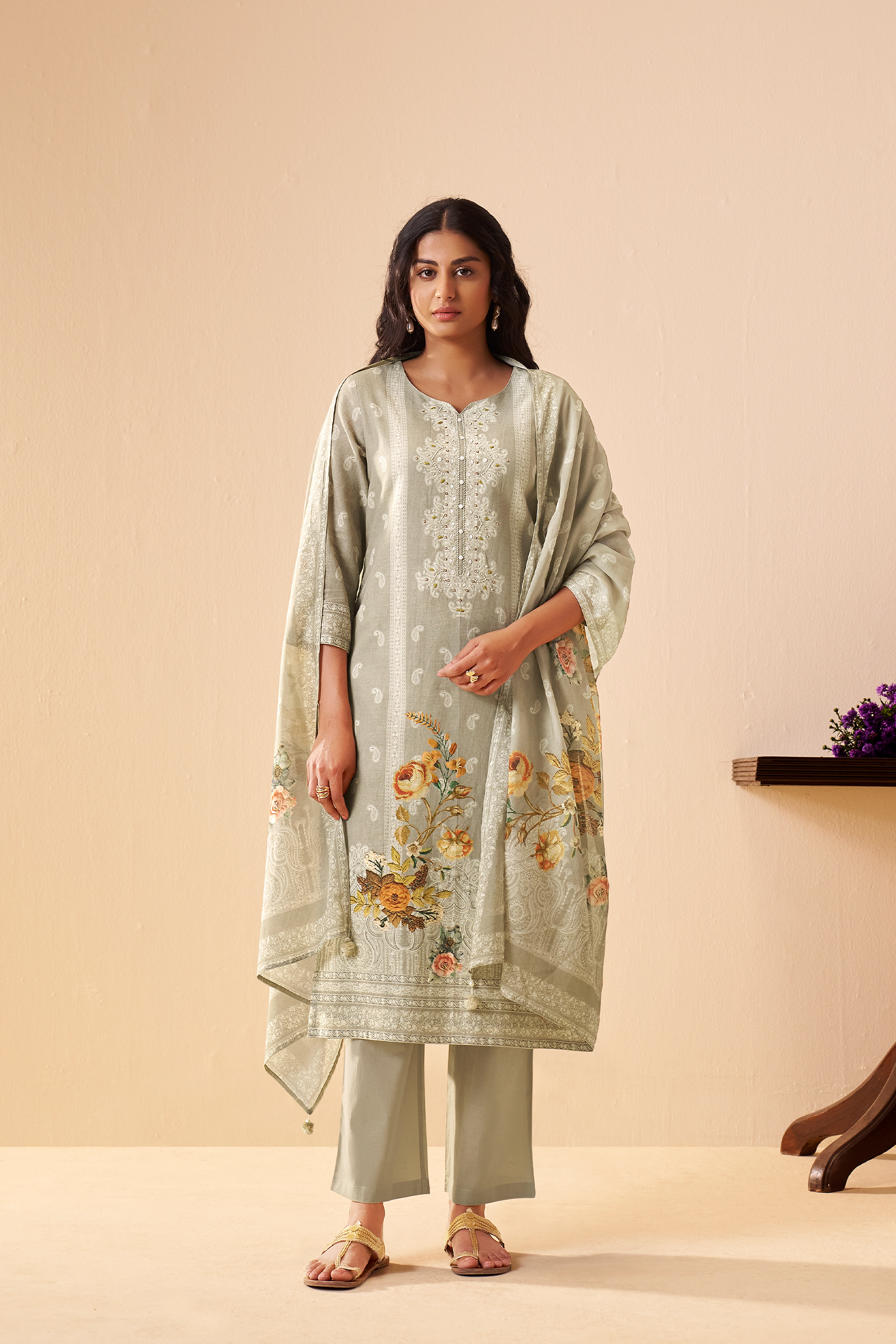 Sage Dune Cotton Linen Digital Printed Kurta Set