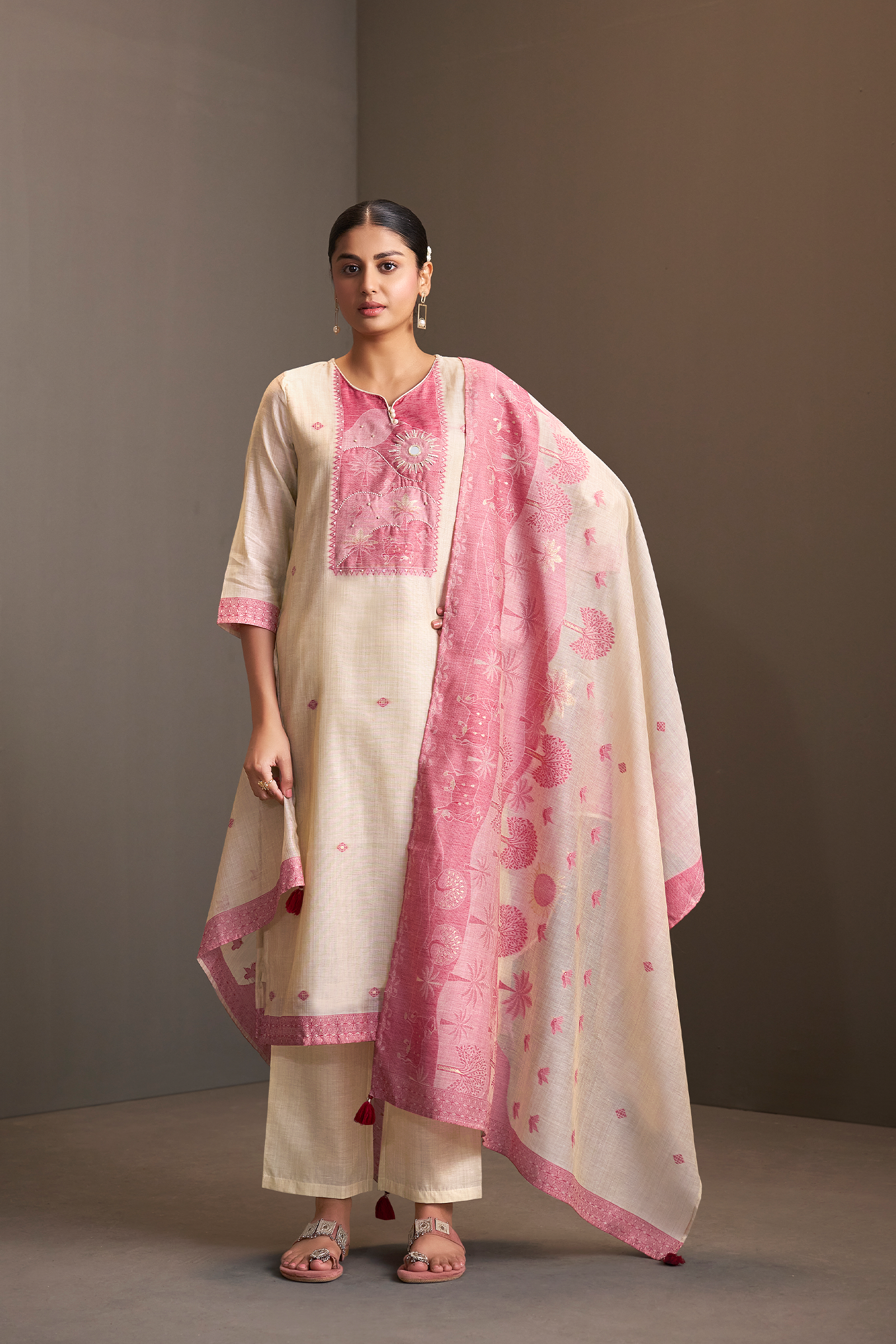 Rosewood Ivory Linen Chanderi Jacquard Kurta Set