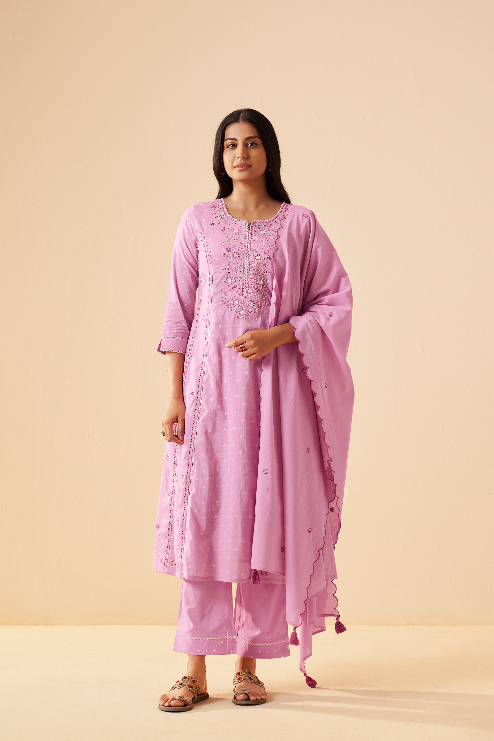 Lilac Blush Table Print Embroidered Kurta Set
