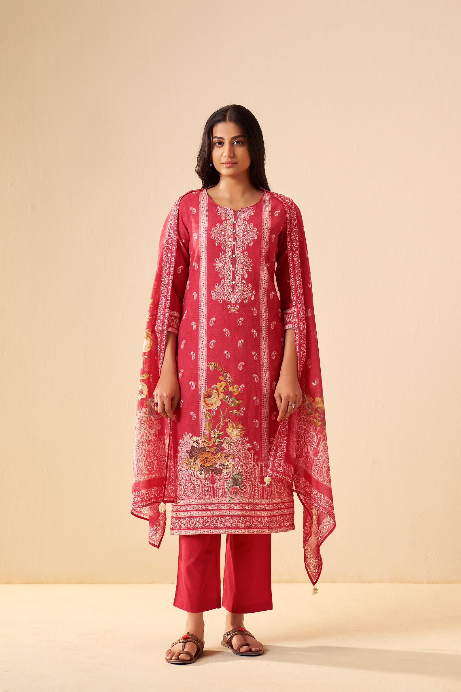 Carmine Floral Cotton Linen Digital Printed Kurta Set