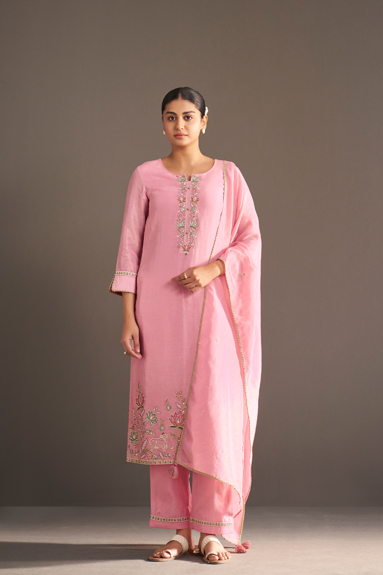 Powder Rosé Shimmer Linen Embroidered Kurta Set