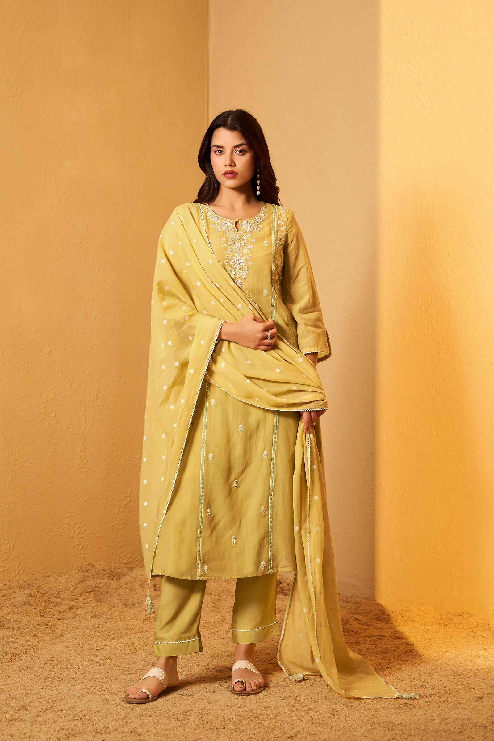 Sunlit Ochre Mul Chanderi A-Line Embroidery Kurta Set