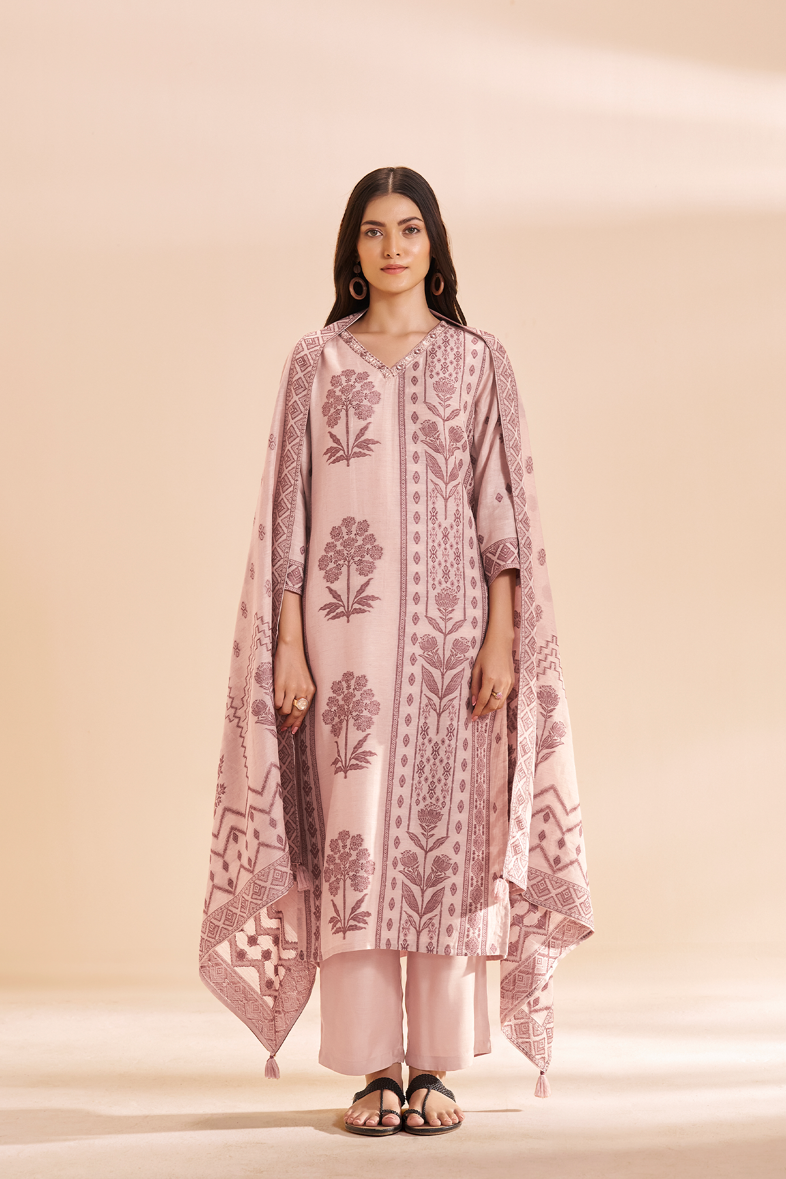 Blush Mocha Linen Jacquard Kurta Set