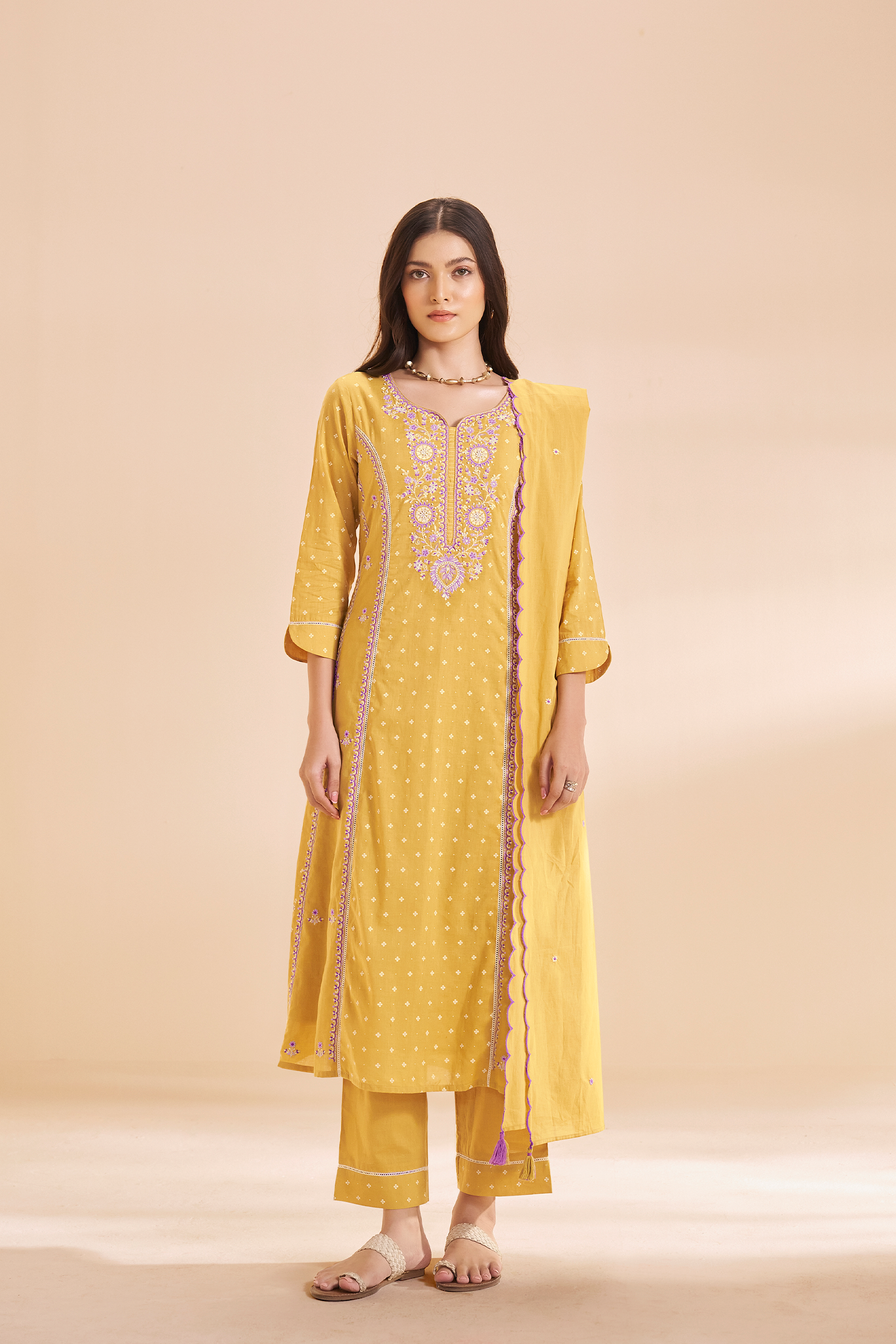 Golden Mimosa Table Print Embroidered Kurta Set