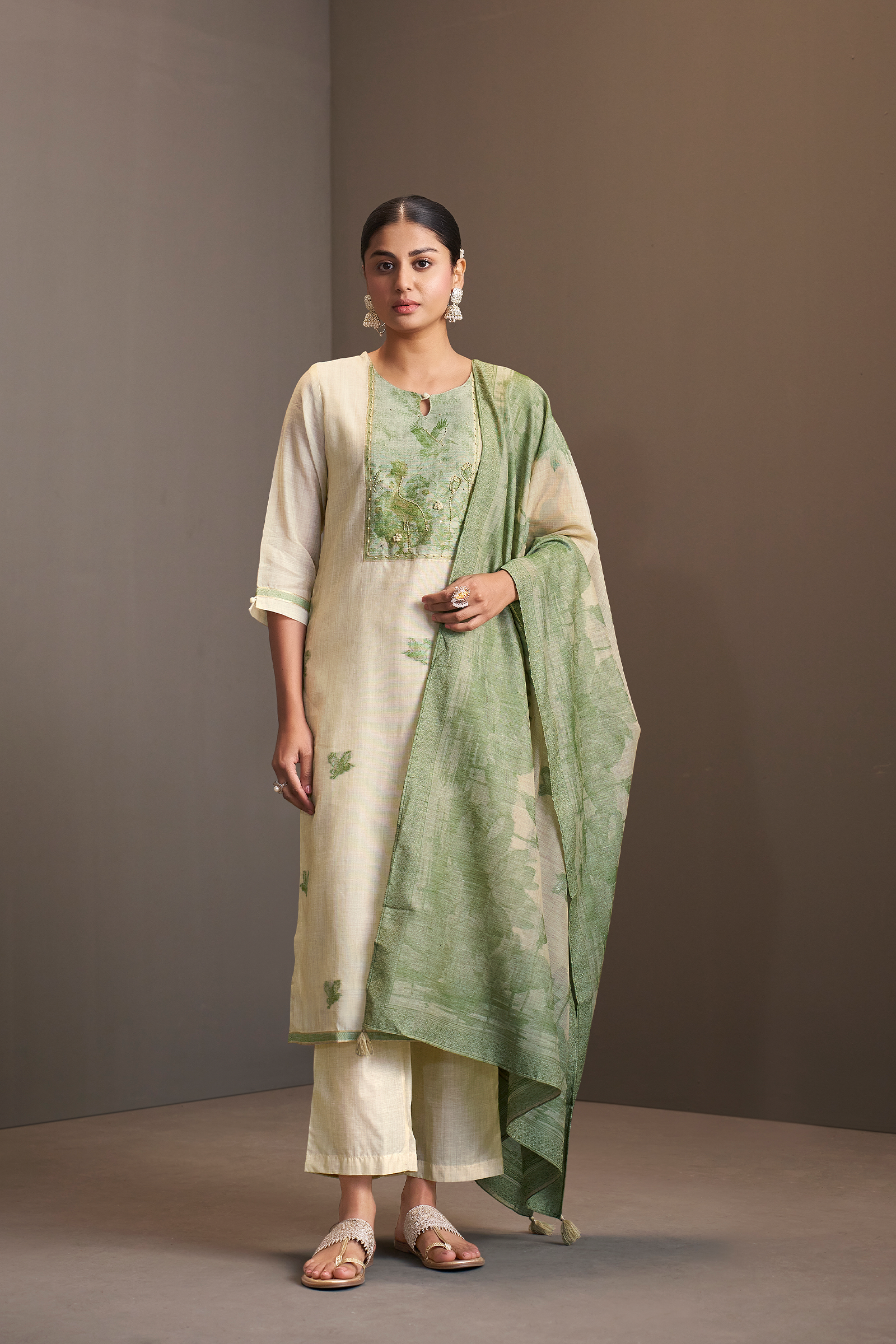 Sagewood Ivory Linen Chanderi Jacquard Kurta Set