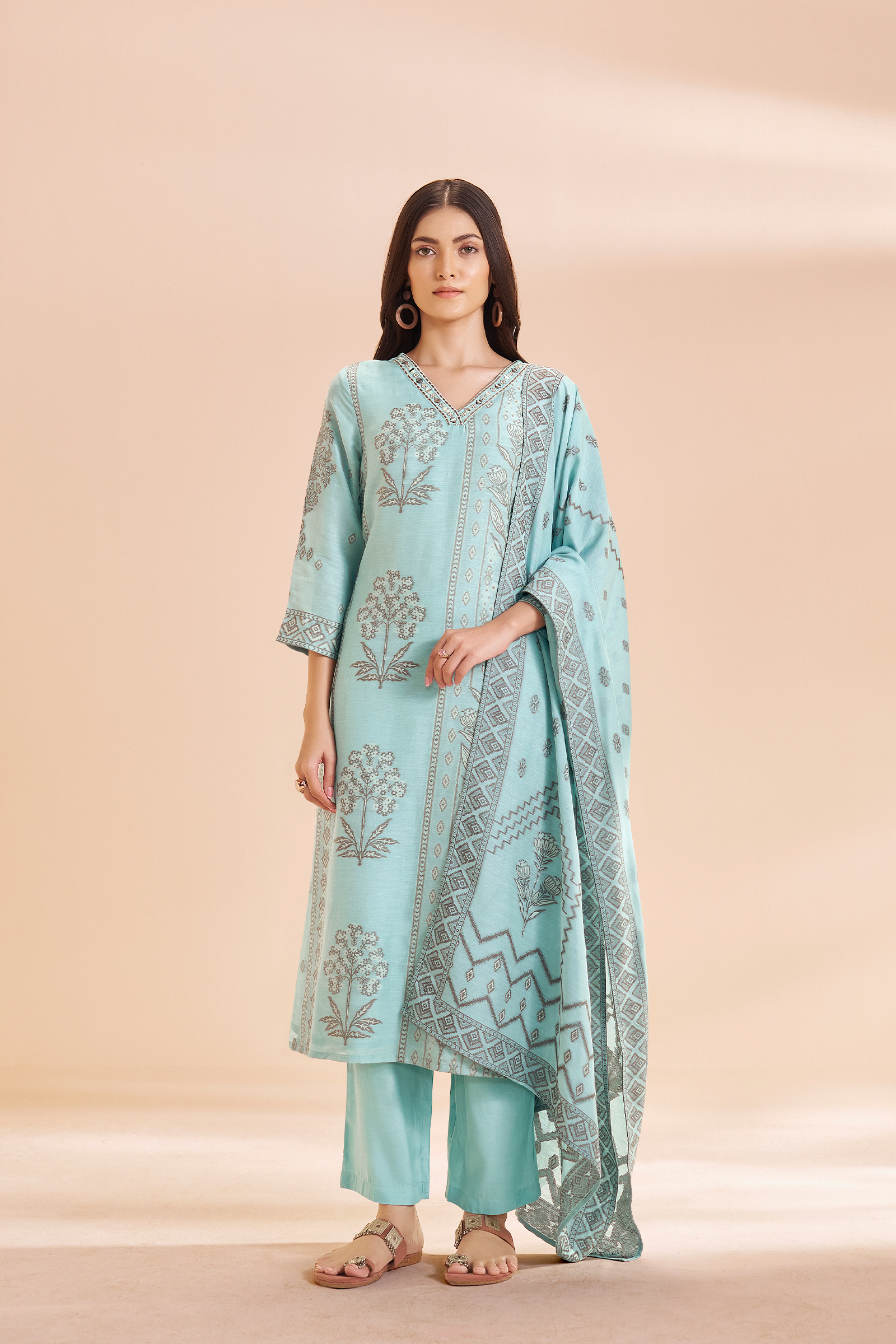 Powder Aqua Botanica Linen Jacquard Kurta set
