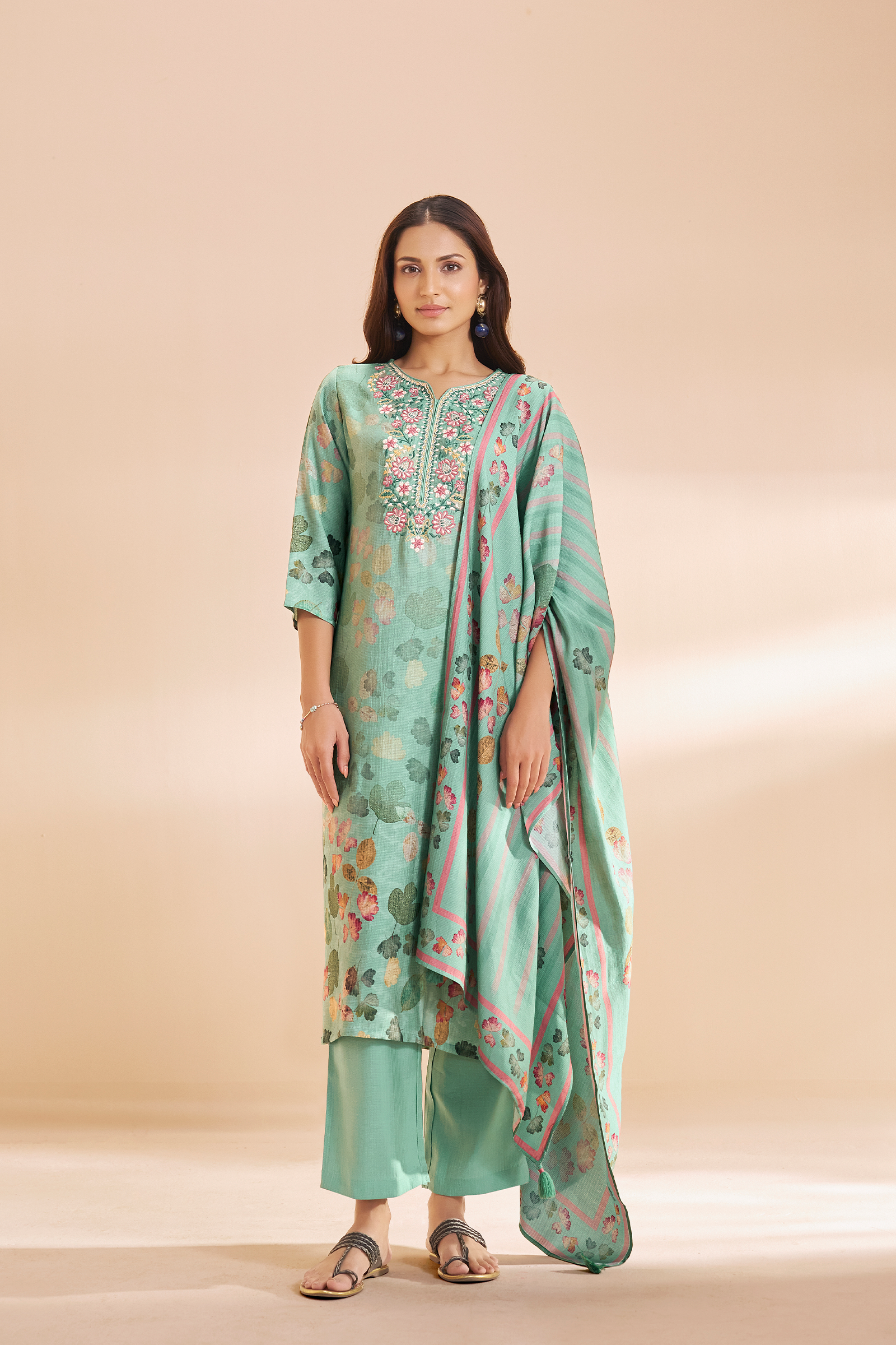Soft Jade Digital Printed & Embroidered Viscose Kurta Set