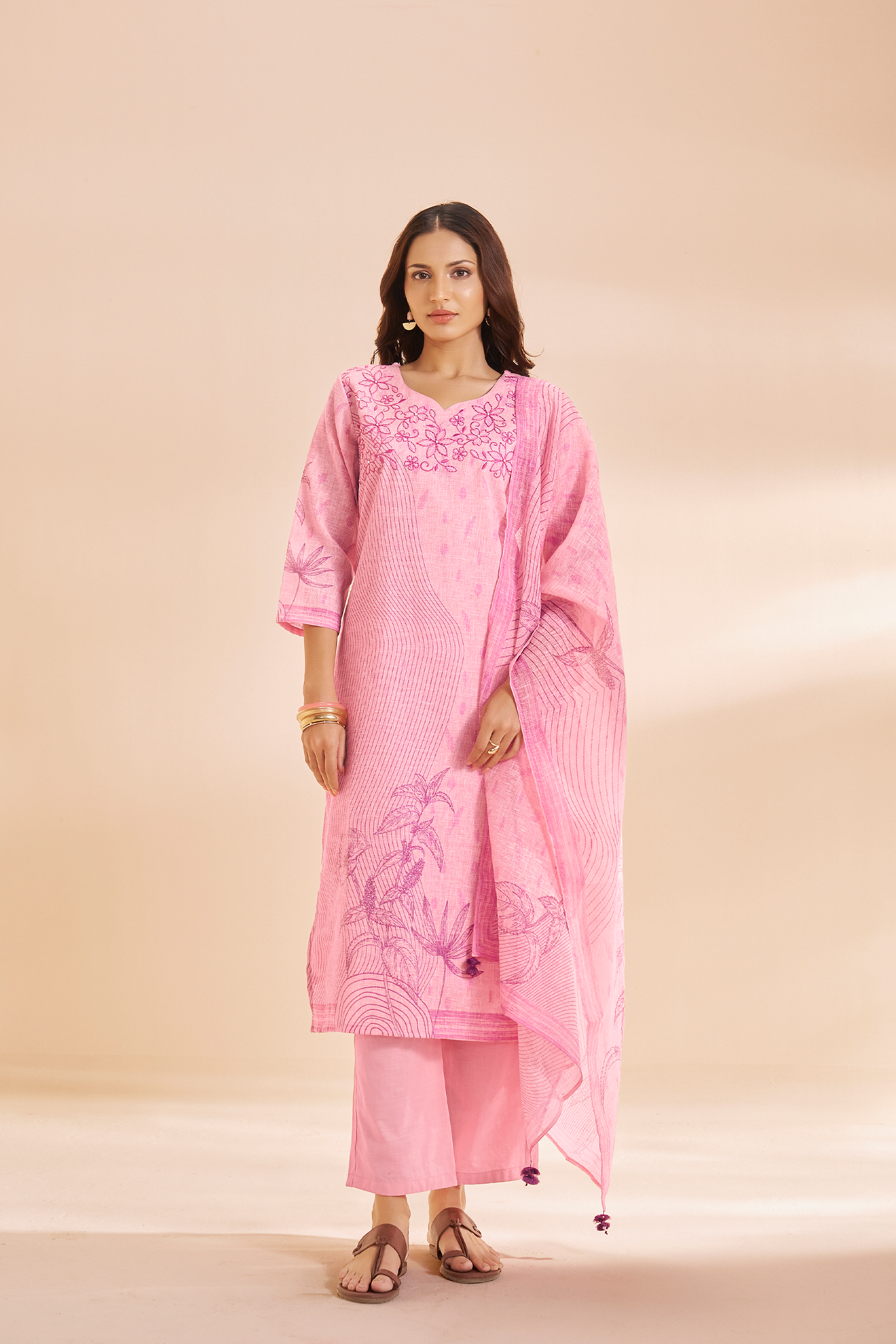 Soft Fuchsia Linen Cotton Digital Printed Kurta Set