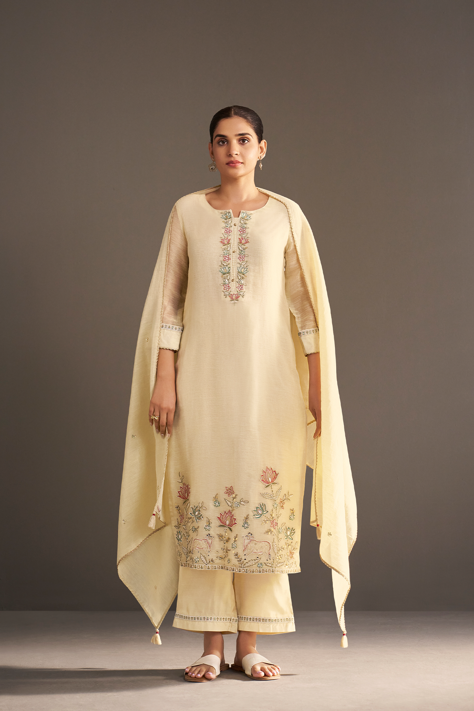 Pearl Sand Shimmer Linen Embroidered Kurta Set