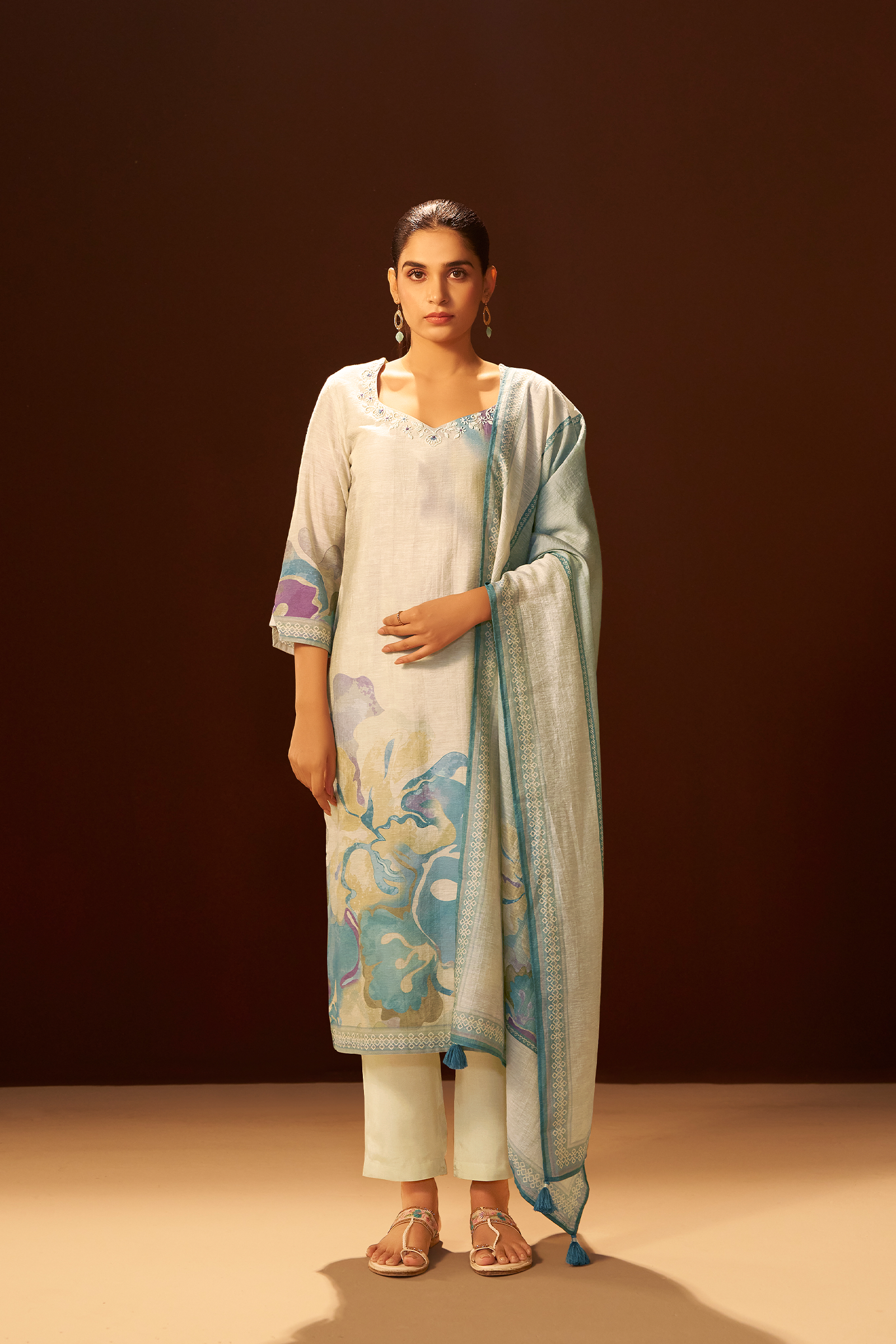 Powder Blue Mist Digital Printed Linen Kurta Set