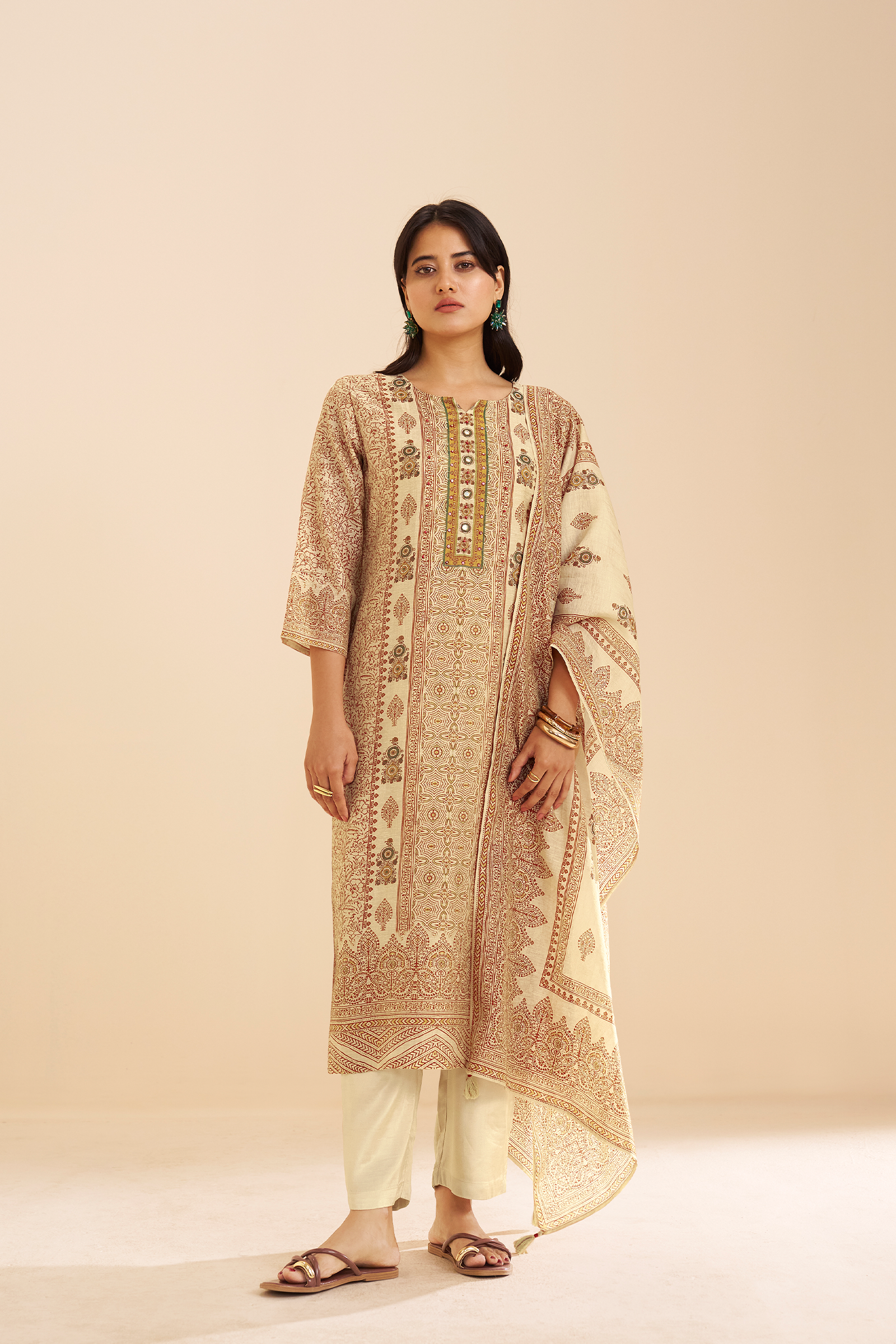 Champagne Beige Shimmer linen Digital printed Kurta Set
