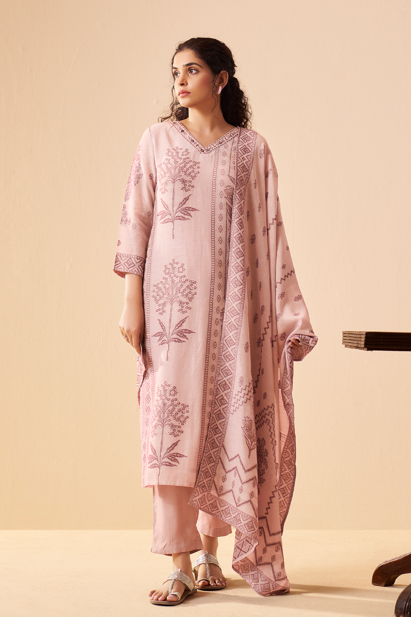Rose Mist Linen Jacquard Kurta set