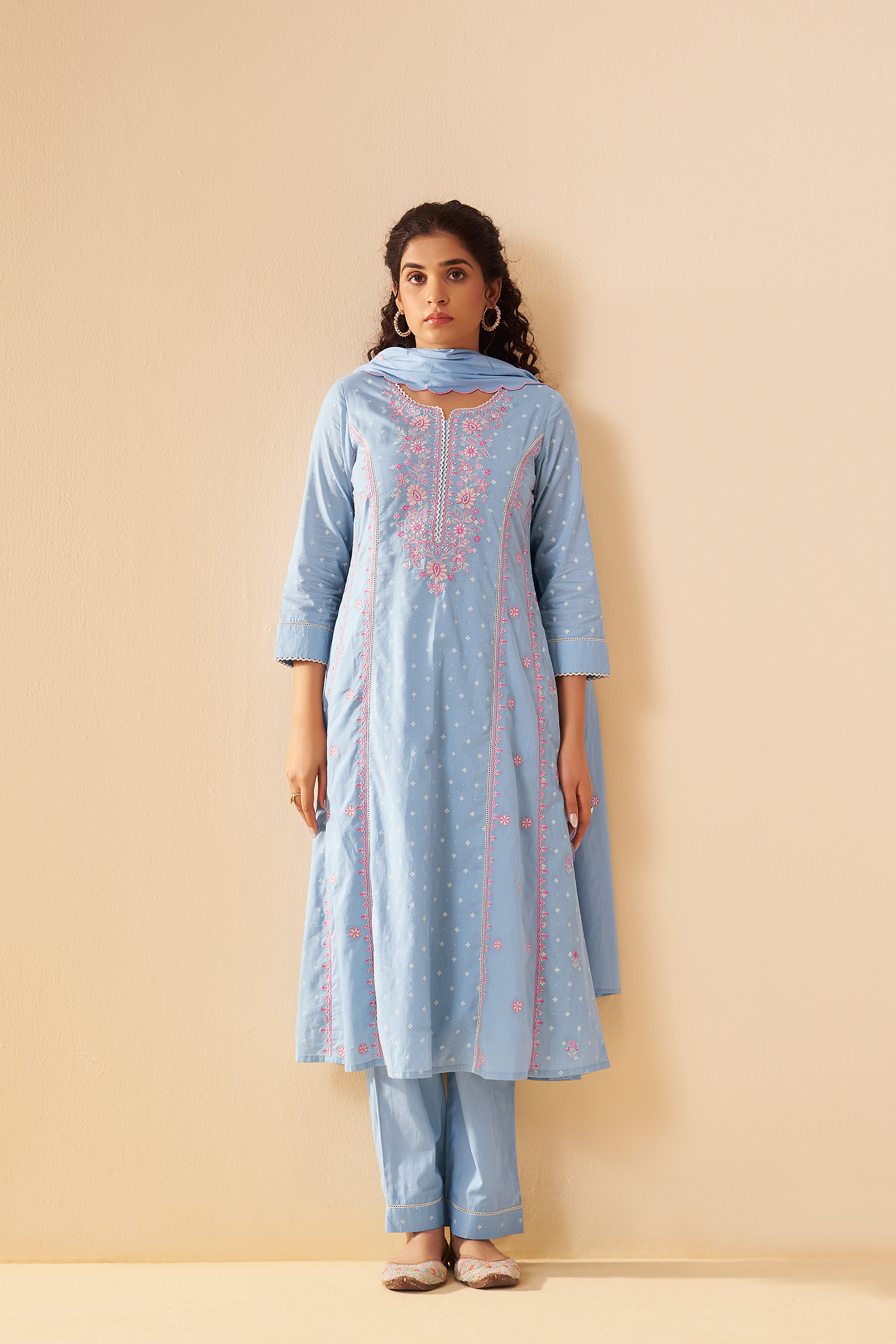 Pastel Sky Table Print Embroidered Kurta Set