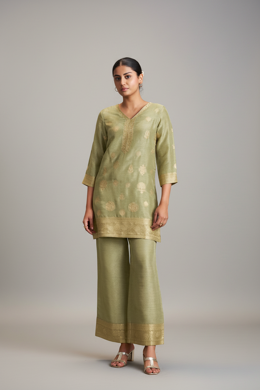 Sage Gold Linen Jacquard Co-Ord Set