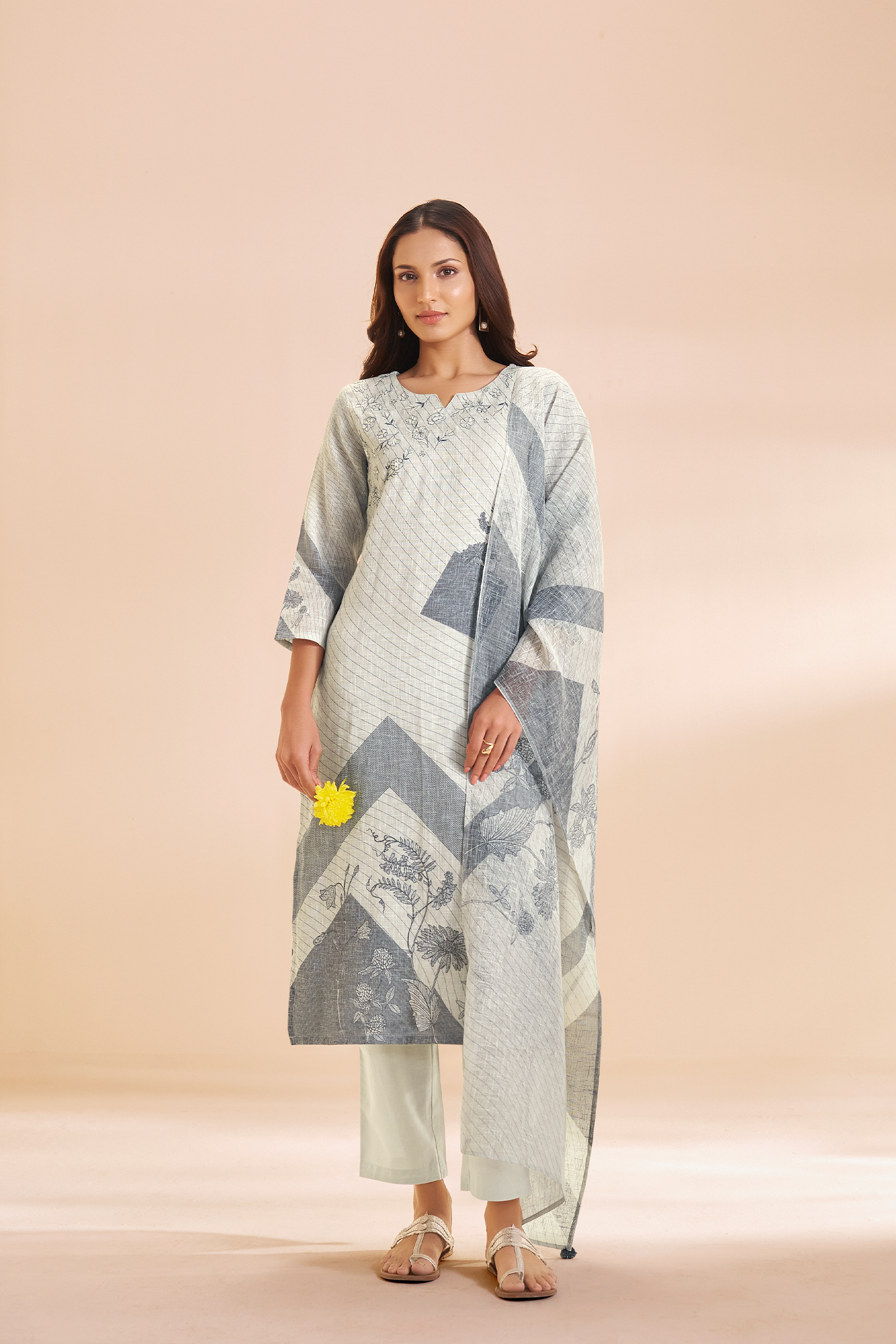 Silver Ash Linen Cotton Digital Printed Kurta Set