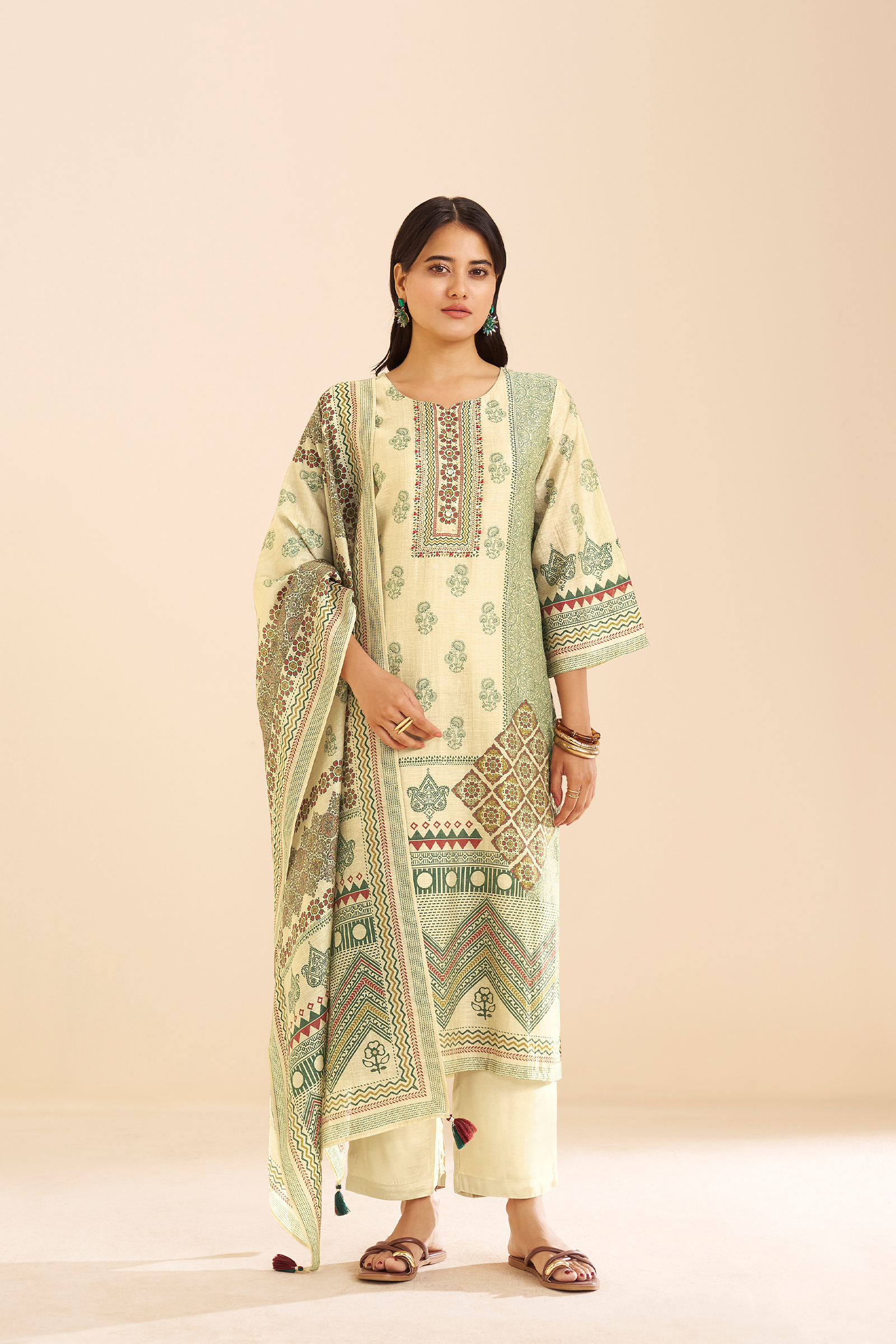 Pistachio Sage Shimmer linen Digital printed Kurta Set