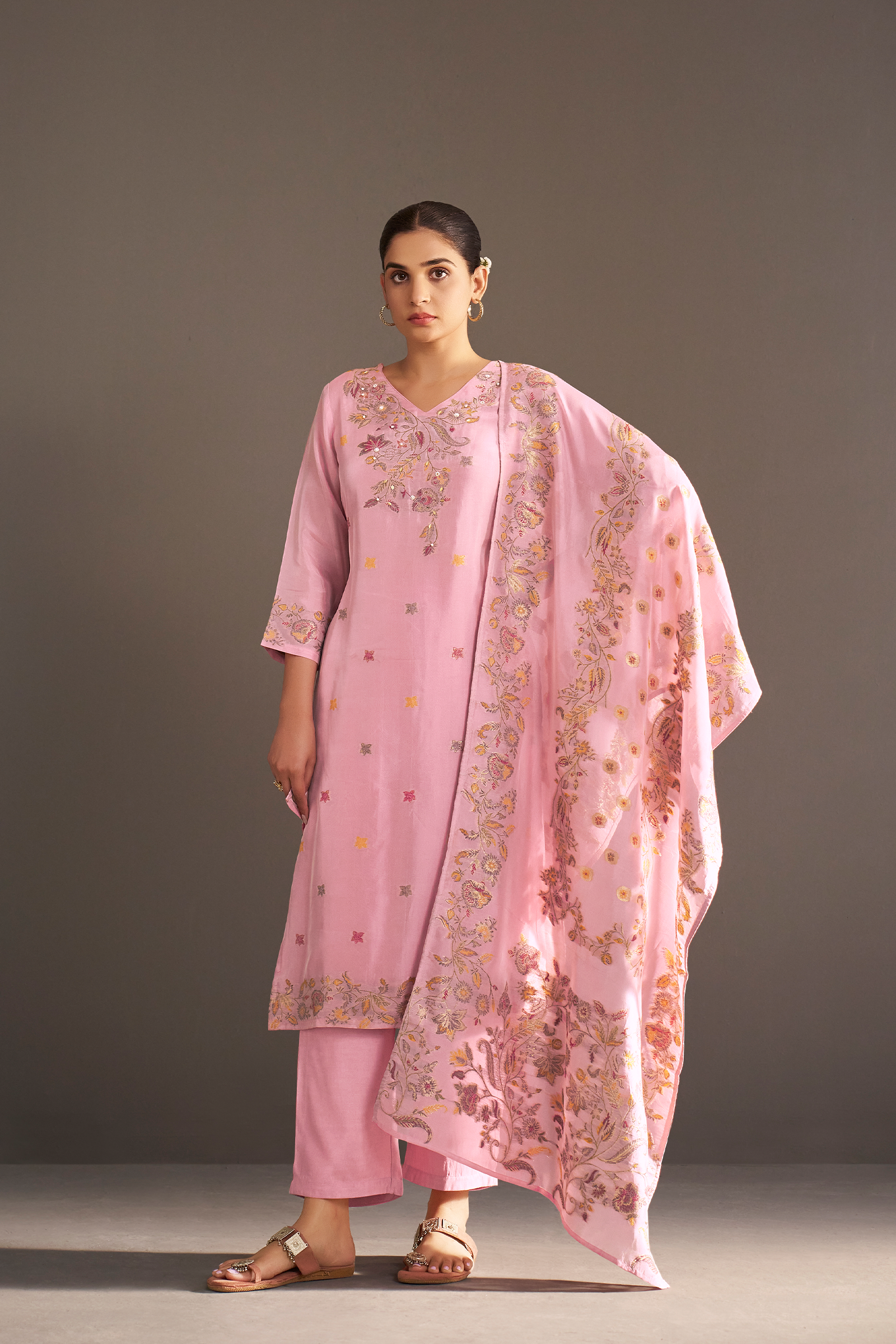 Soft Peony Chanderi Multi-Meena Work Jacquard Kurta Set