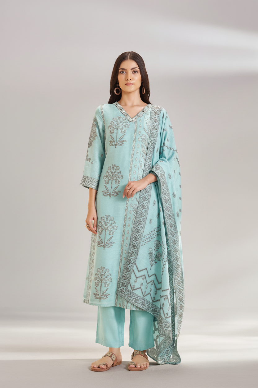 Powder Aqua Botanica Linen Jacquard Kurta set