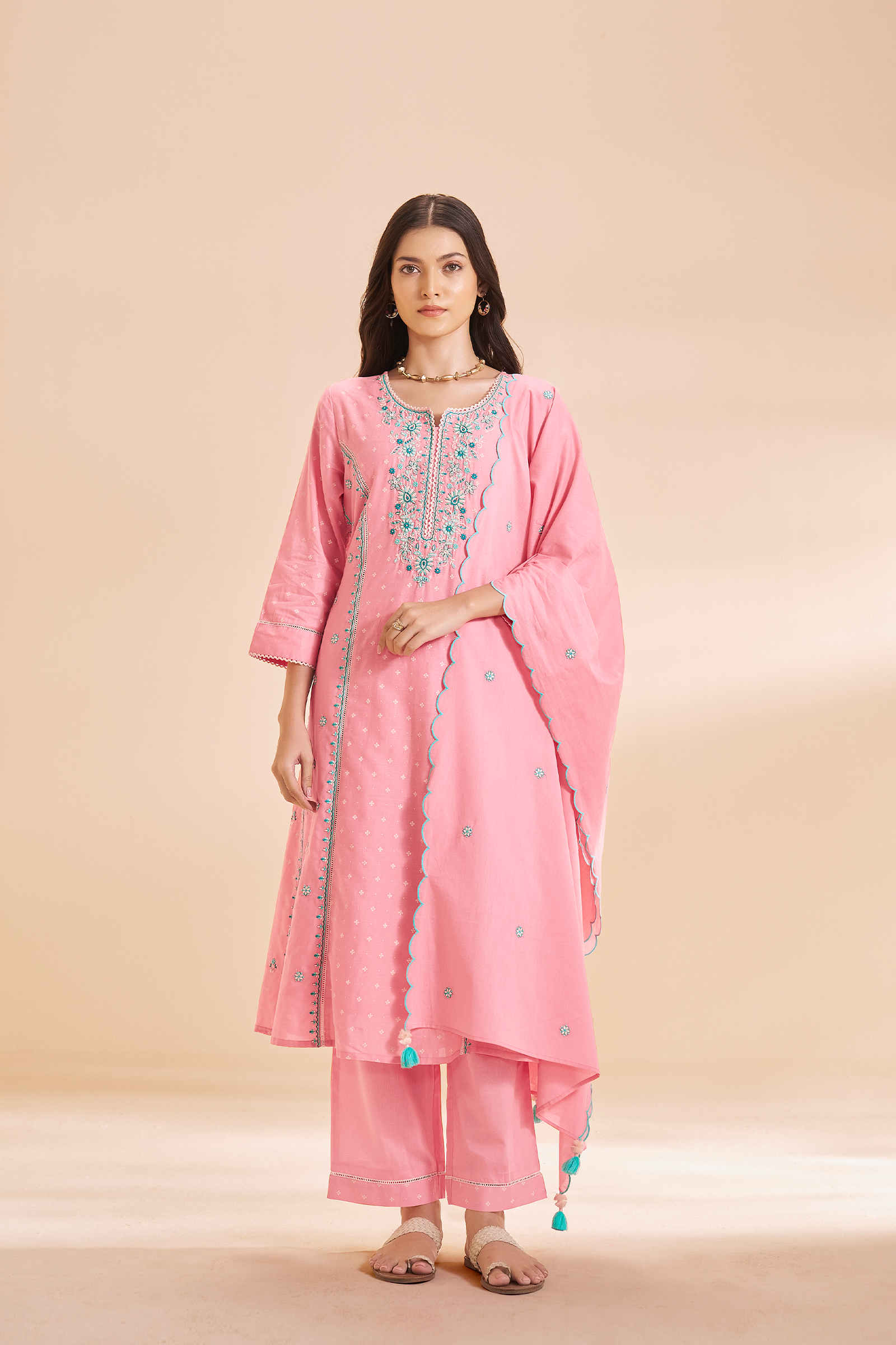 Rosy Flamingo Table Print Embroidered Kurta Set