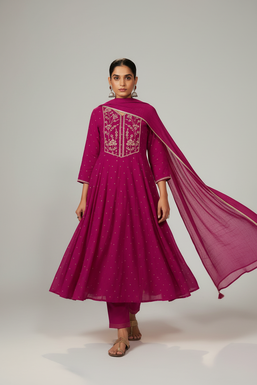 Bold Magenta Mul Chanderi Table Print Anarkali Kurta Set