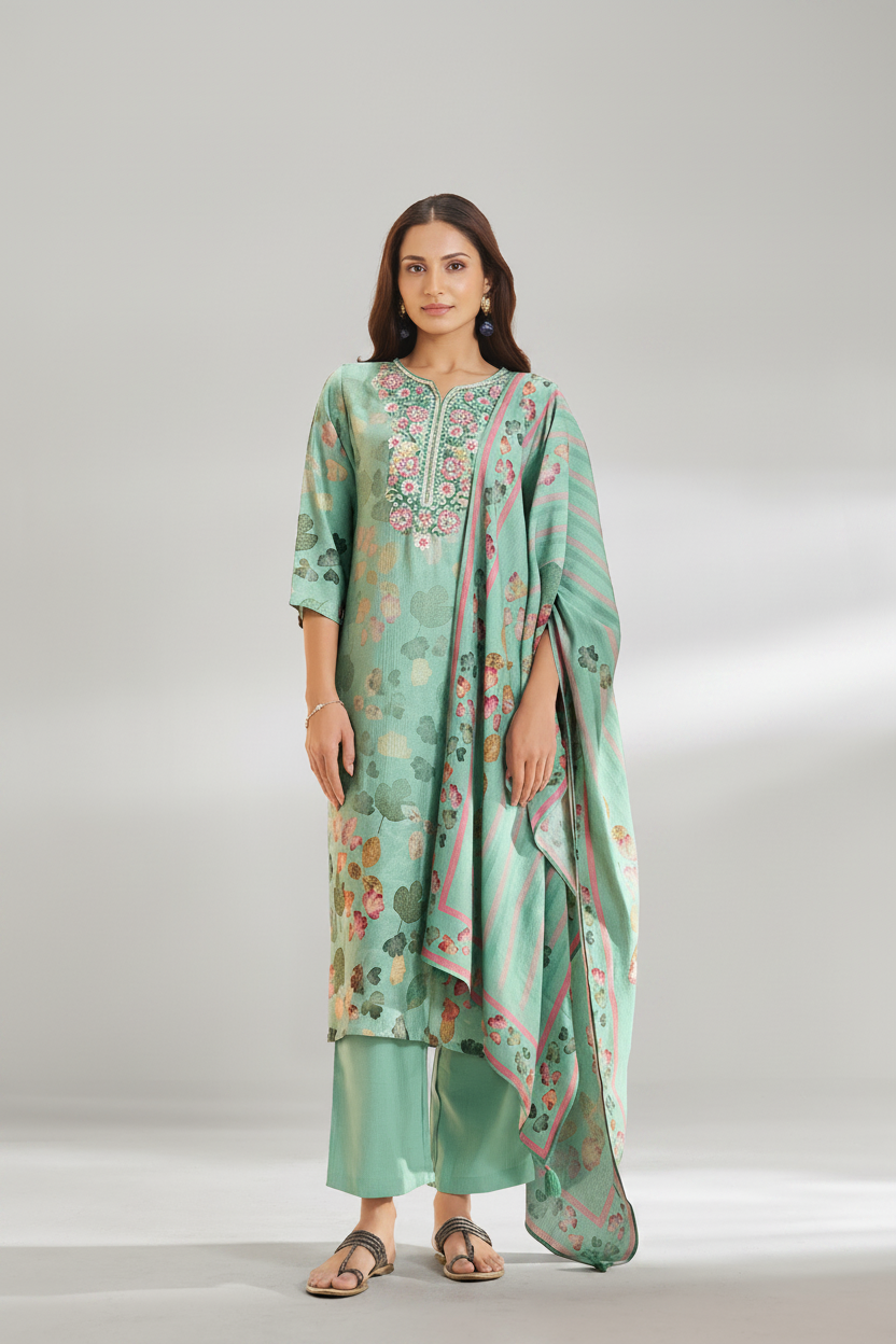 Soft Jade Digital Printed & Embroidered Viscose Kurta Set