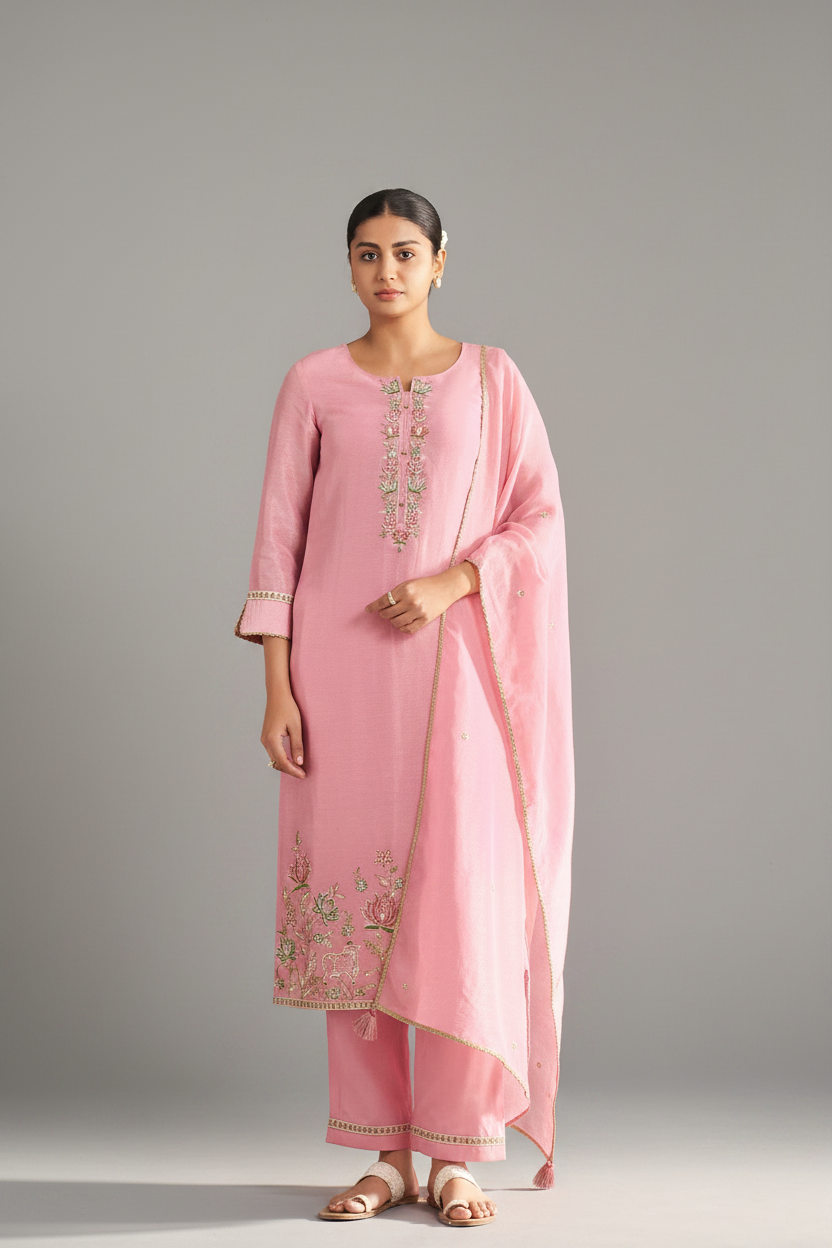 Powder Rosé Shimmer Linen Embroidered Kurta Set