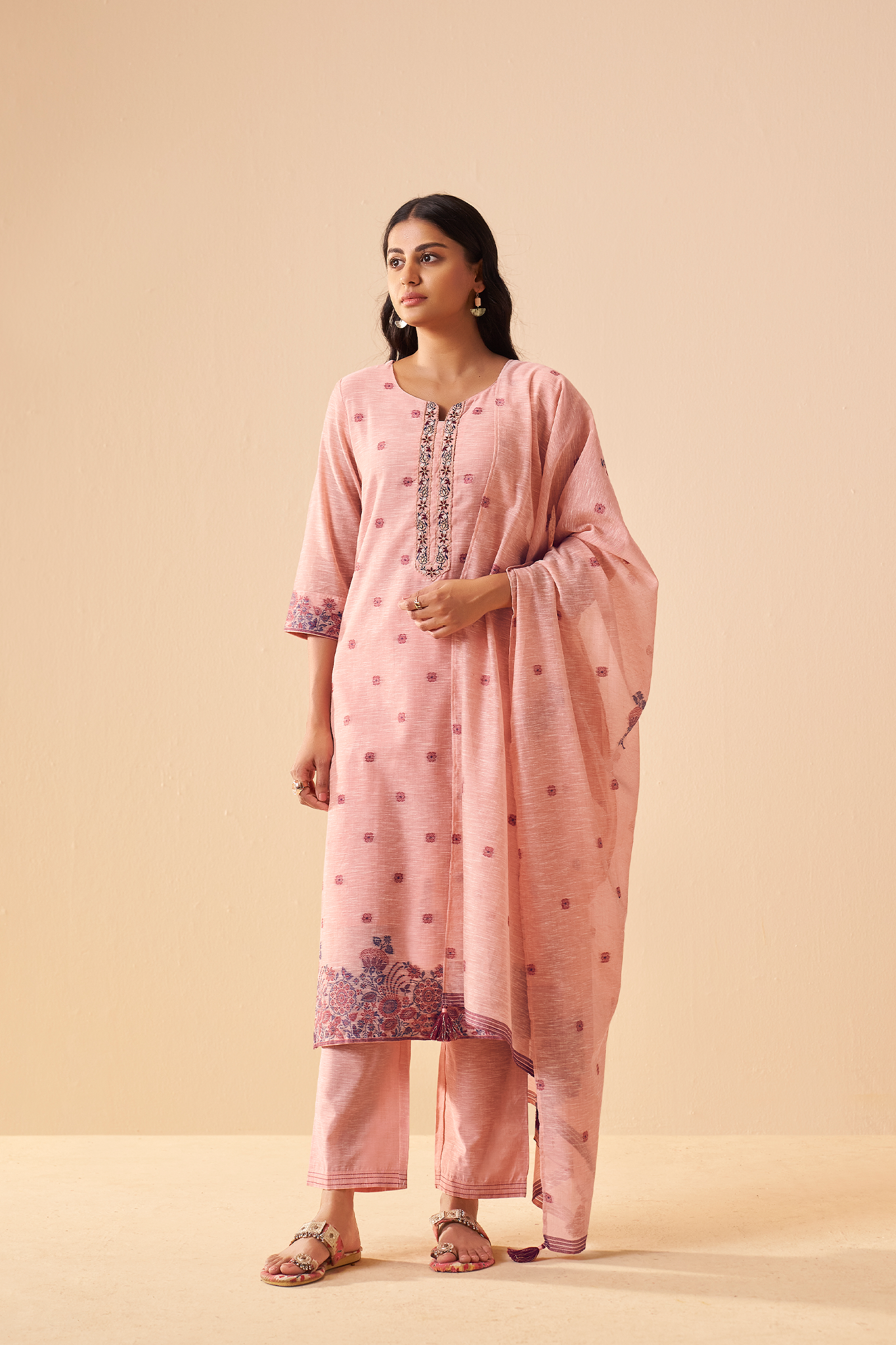 Truffle Pink Linen Chanderi Jacquard Kurta Set