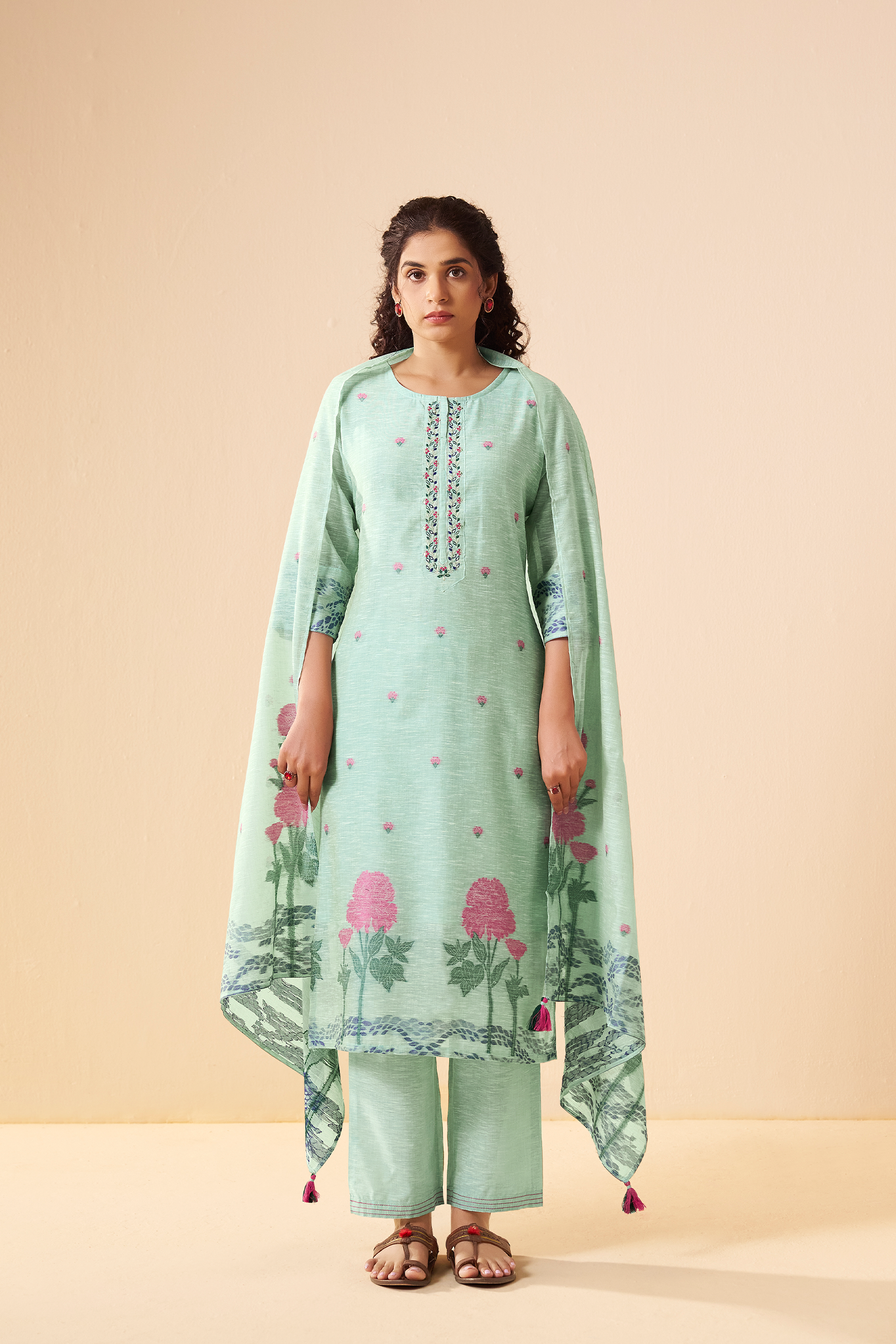 Mint Peony Linen Chanderi Jacquard Kurta Set
