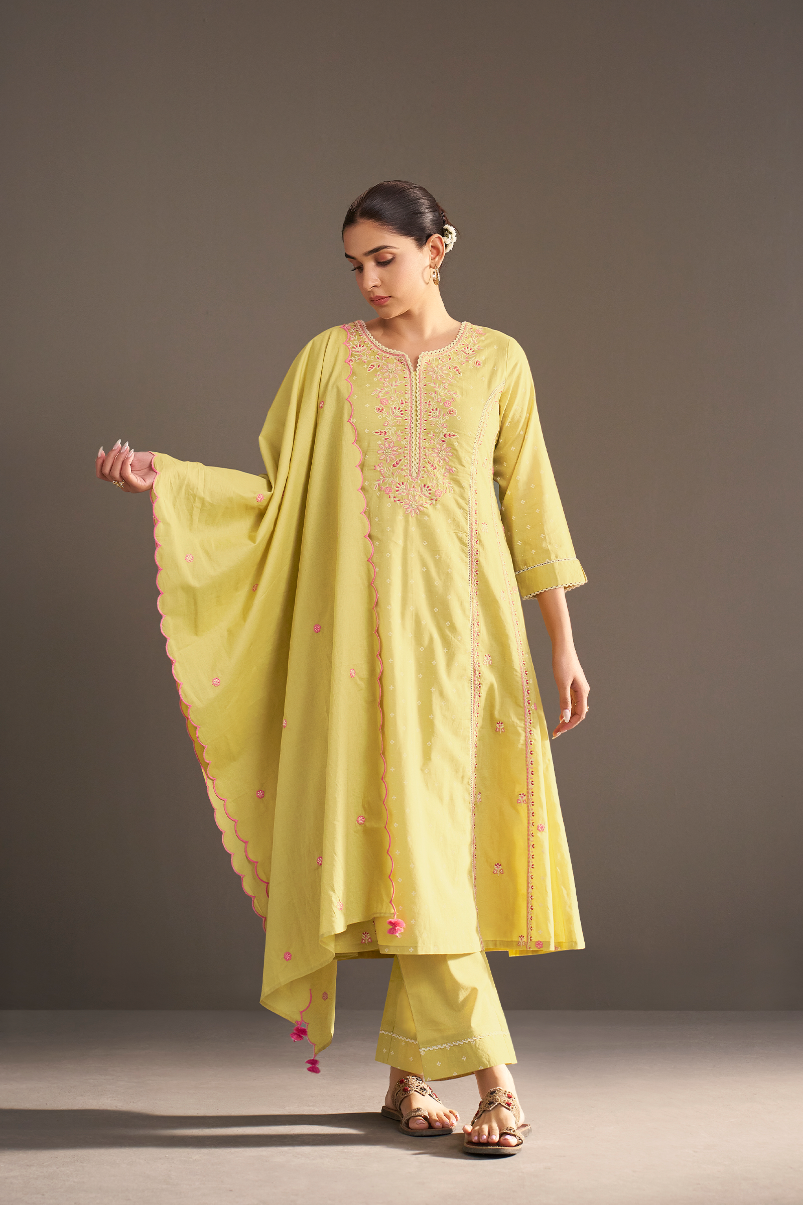 Lime Sorbet Table Print Embroidered Kurta Set