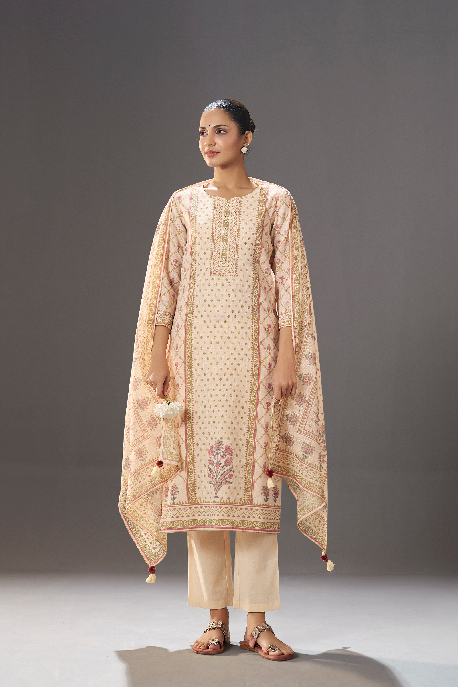 Blush Ivory Buti Linen Cotton Digital Printed Kurta Set