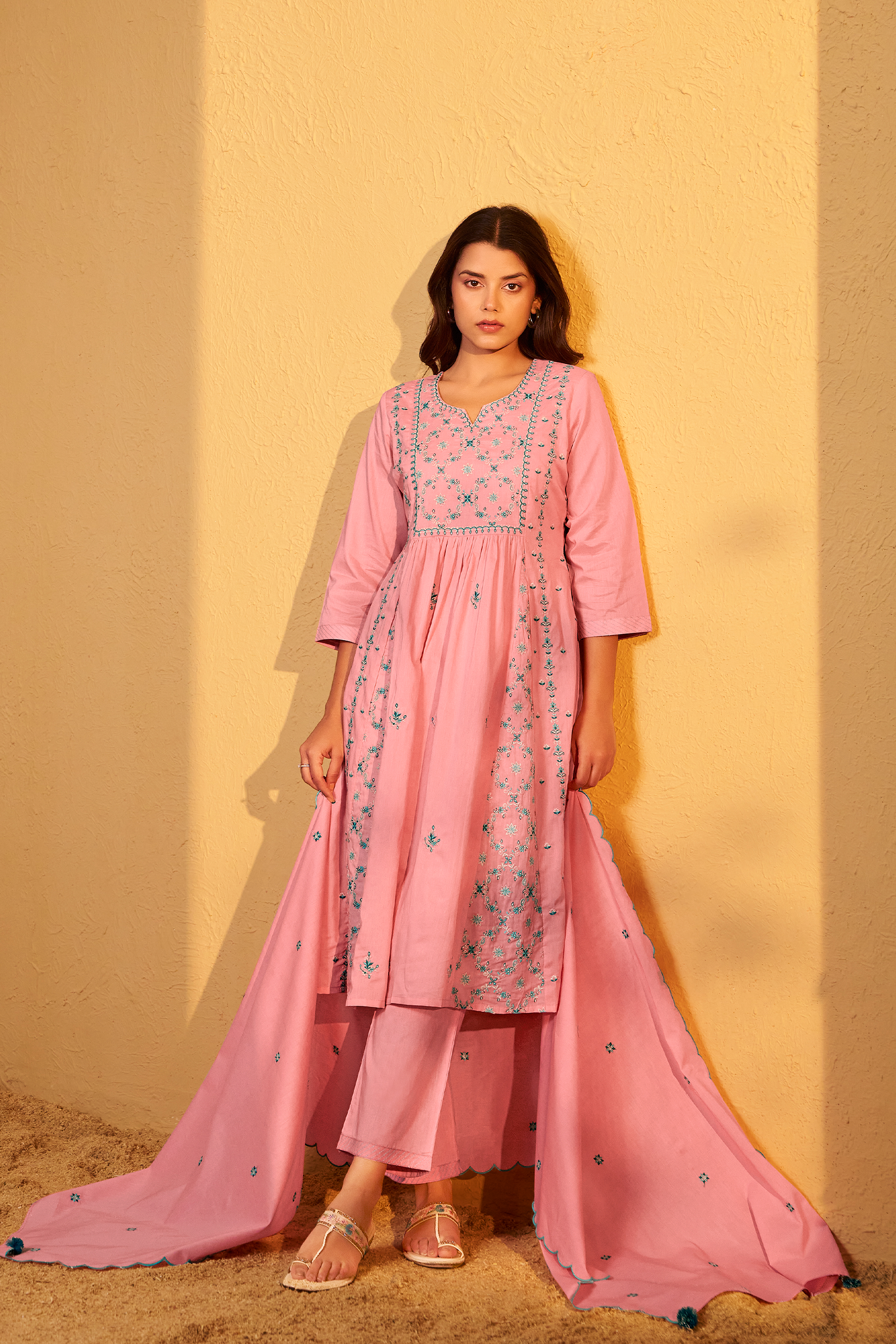 Gulabi Mist A-Line Cotton Embroidery Kurta Set