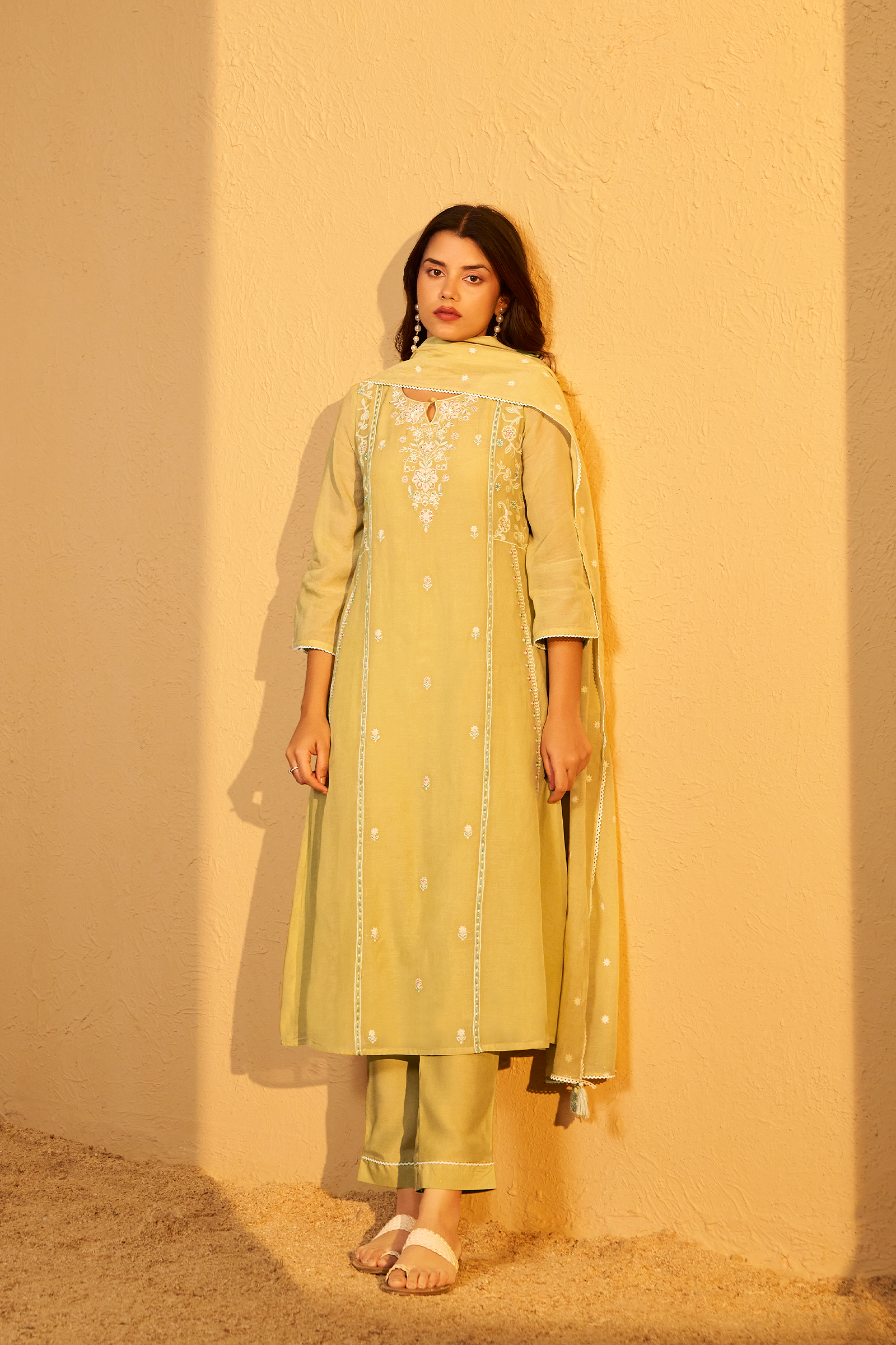 Sunlit Ochre Mul Chanderi A-Line Embroidery Kurta Set