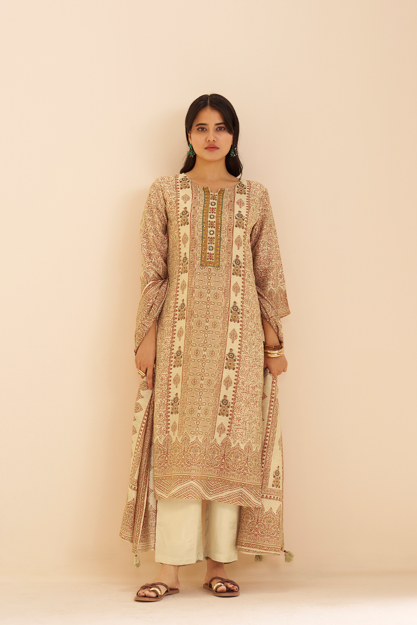 Champagne Beige Shimmer linen Digital printed Kurta Set
