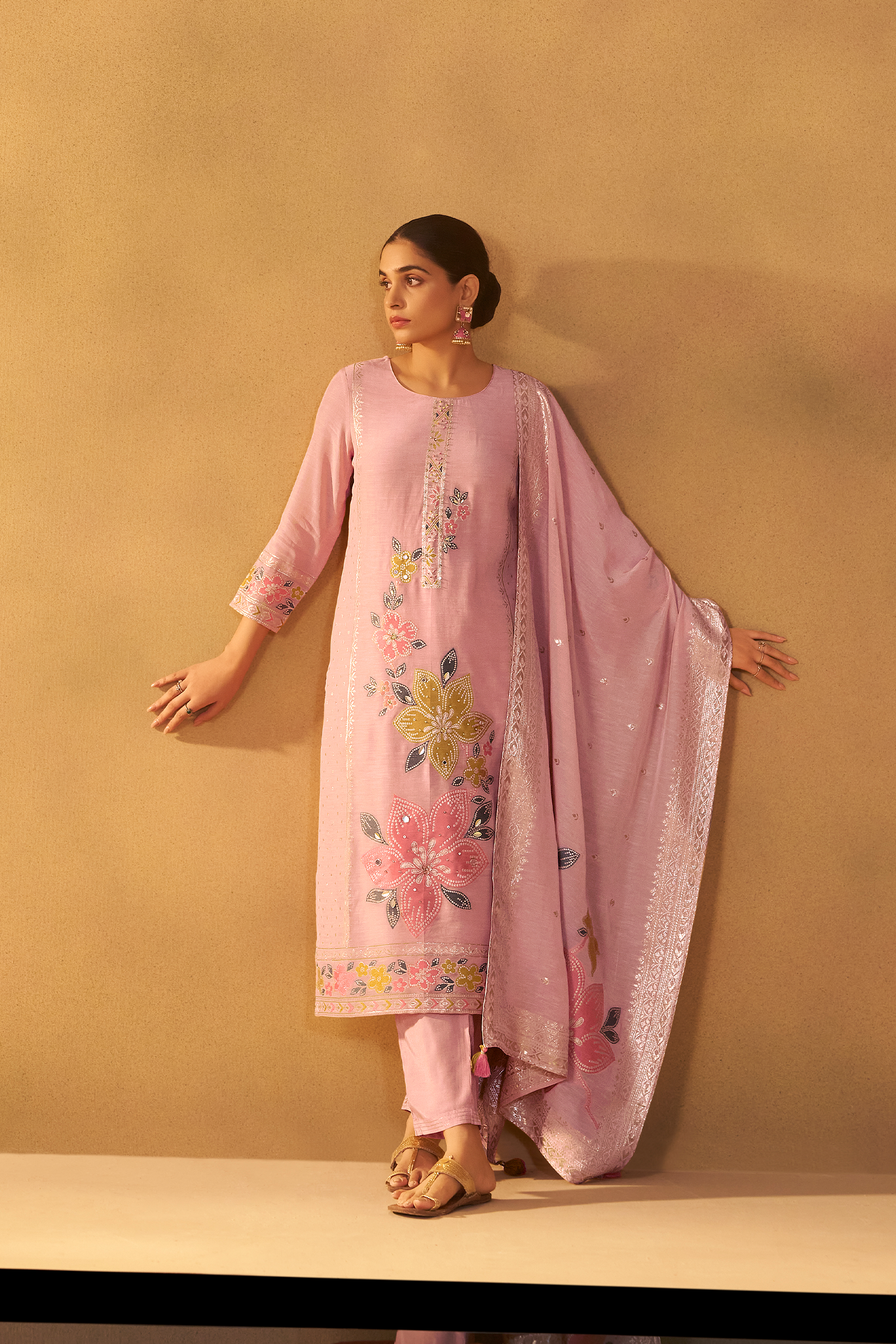 Blush Apricot Linen Jacquard Multi Meena Kurta Set