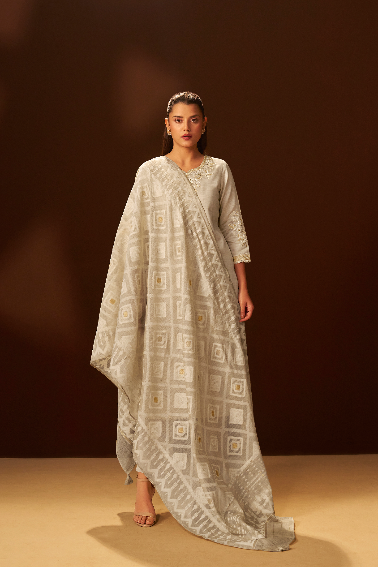 Mushroom Beige Chanderi Embroidery Kurta Set